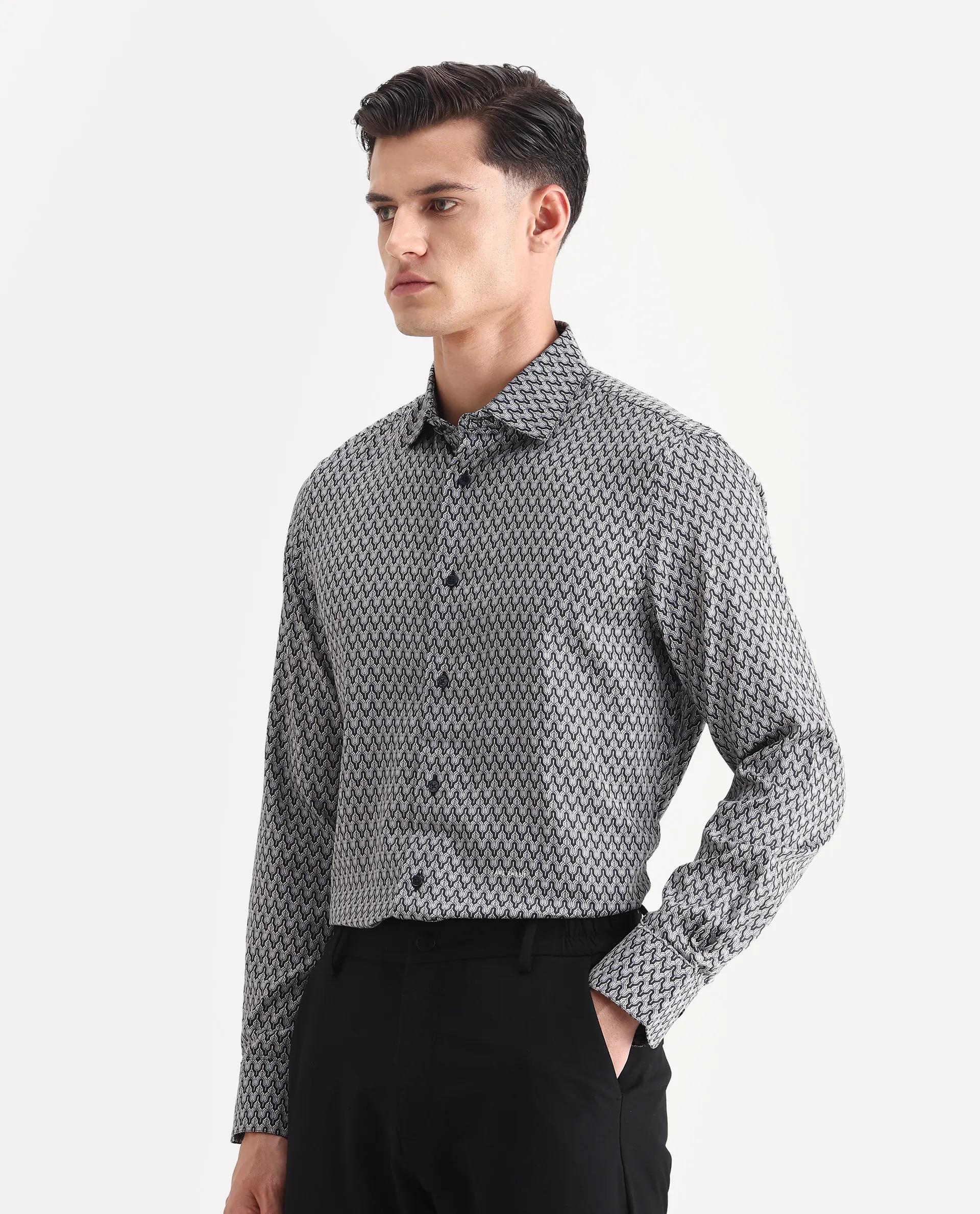 Rare Rabbit Men's Benor Grey Satin Abstract Print Regular Fit Full Sleeve Collared Shirt - Image 5