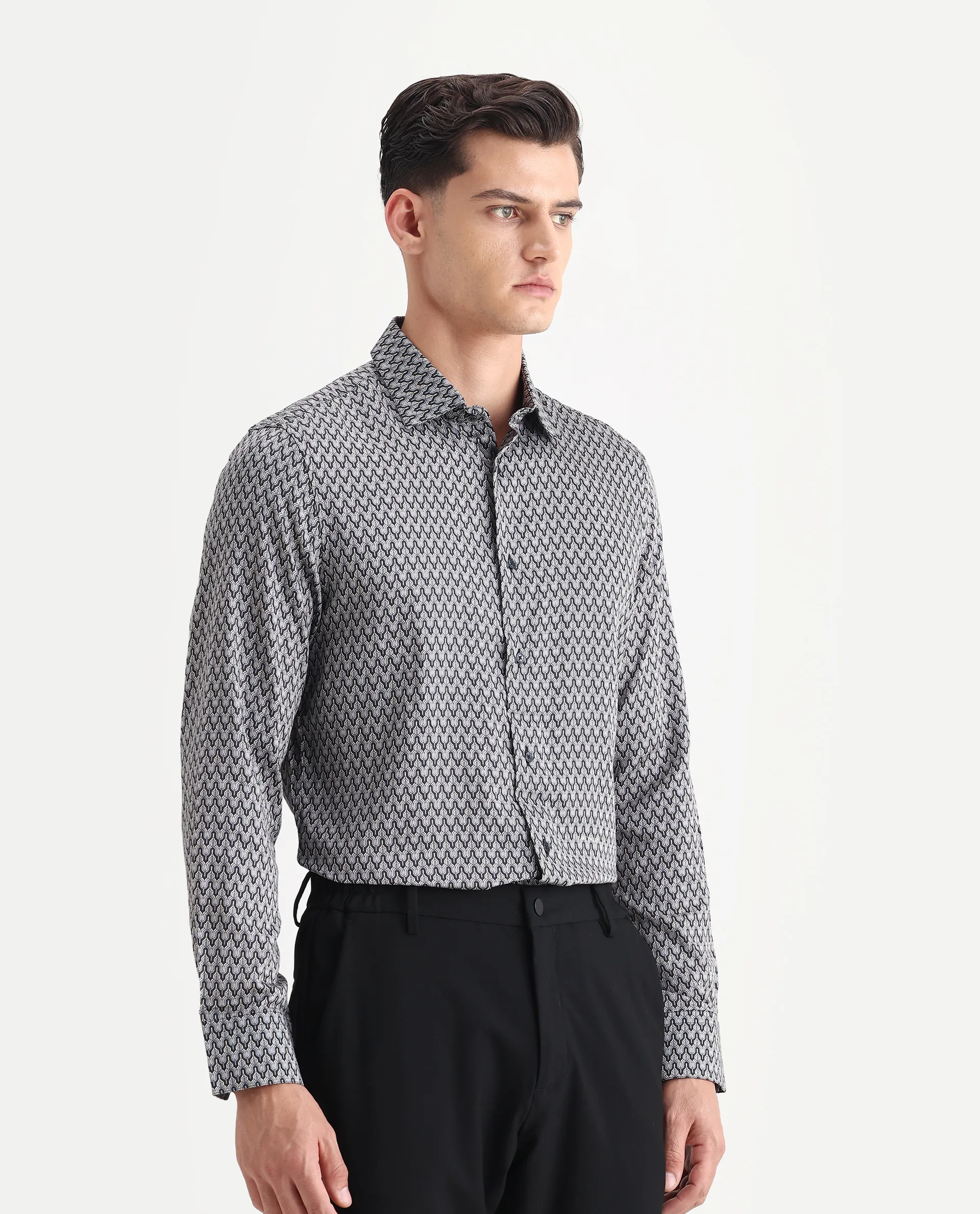 Rare Rabbit Men's Benor Grey Satin Abstract Print Regular Fit Full Sleeve Collared Shirt - Image 6