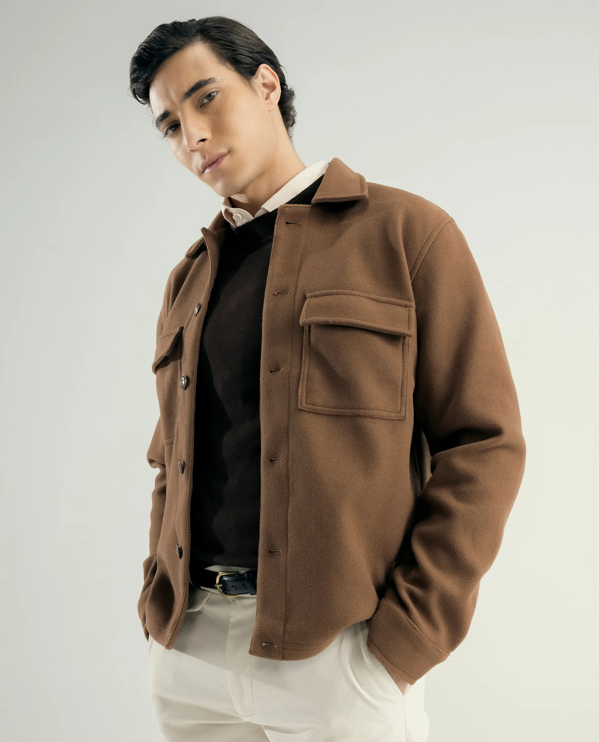 Rare Rabbit Men's Bensko Brown Polyester Fabric Spread Collar Regular Fit Plain Jacket - Image 3