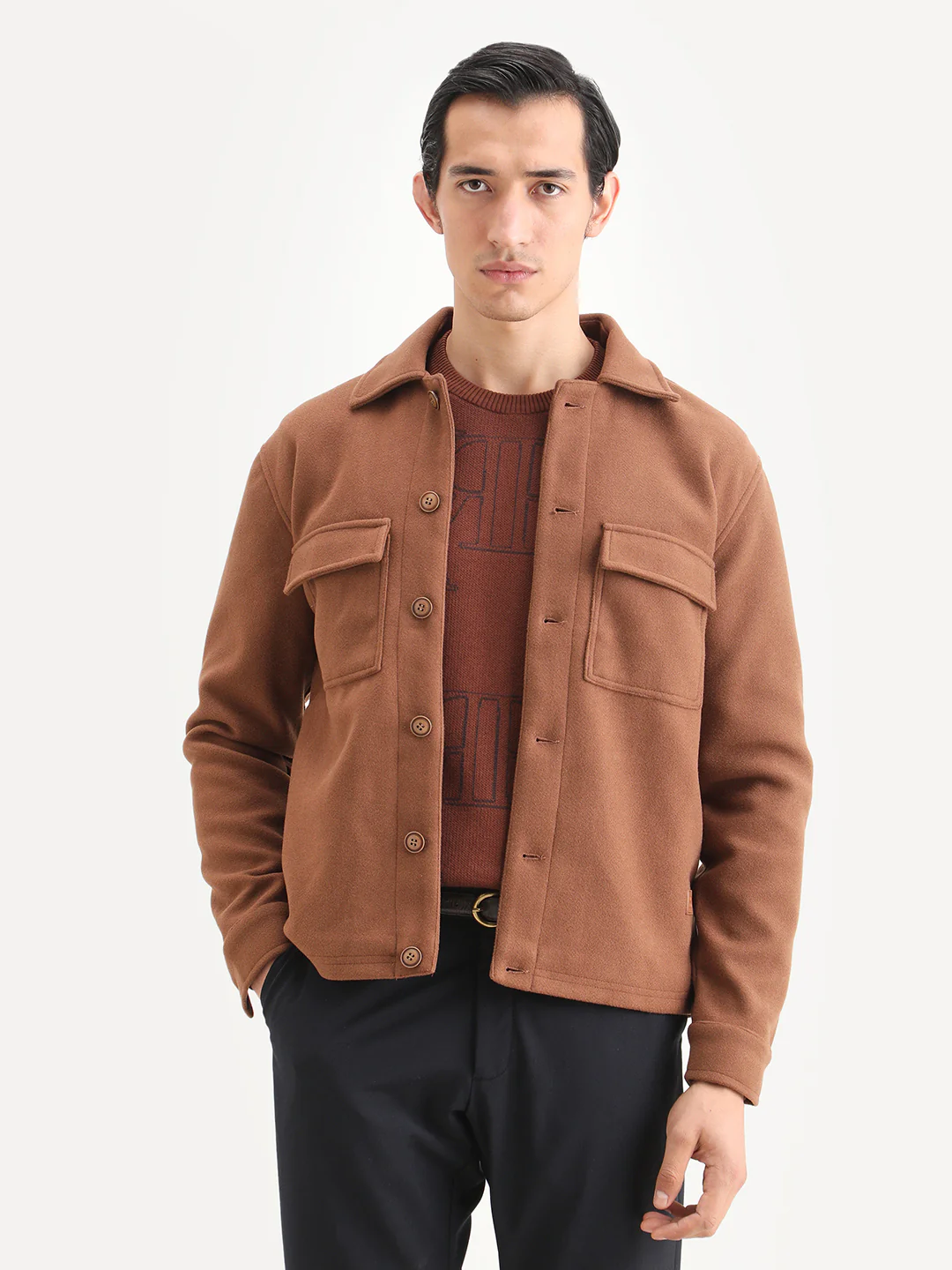 Rare Rabbit Men's Bensko Brown Polyester Fabric Spread Collar Regular Fit Plain Jacket - Image 5