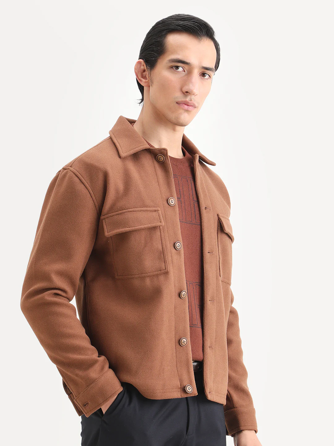 Rare Rabbit Men's Bensko Brown Polyester Fabric Spread Collar Regular Fit Plain Jacket - Image 6