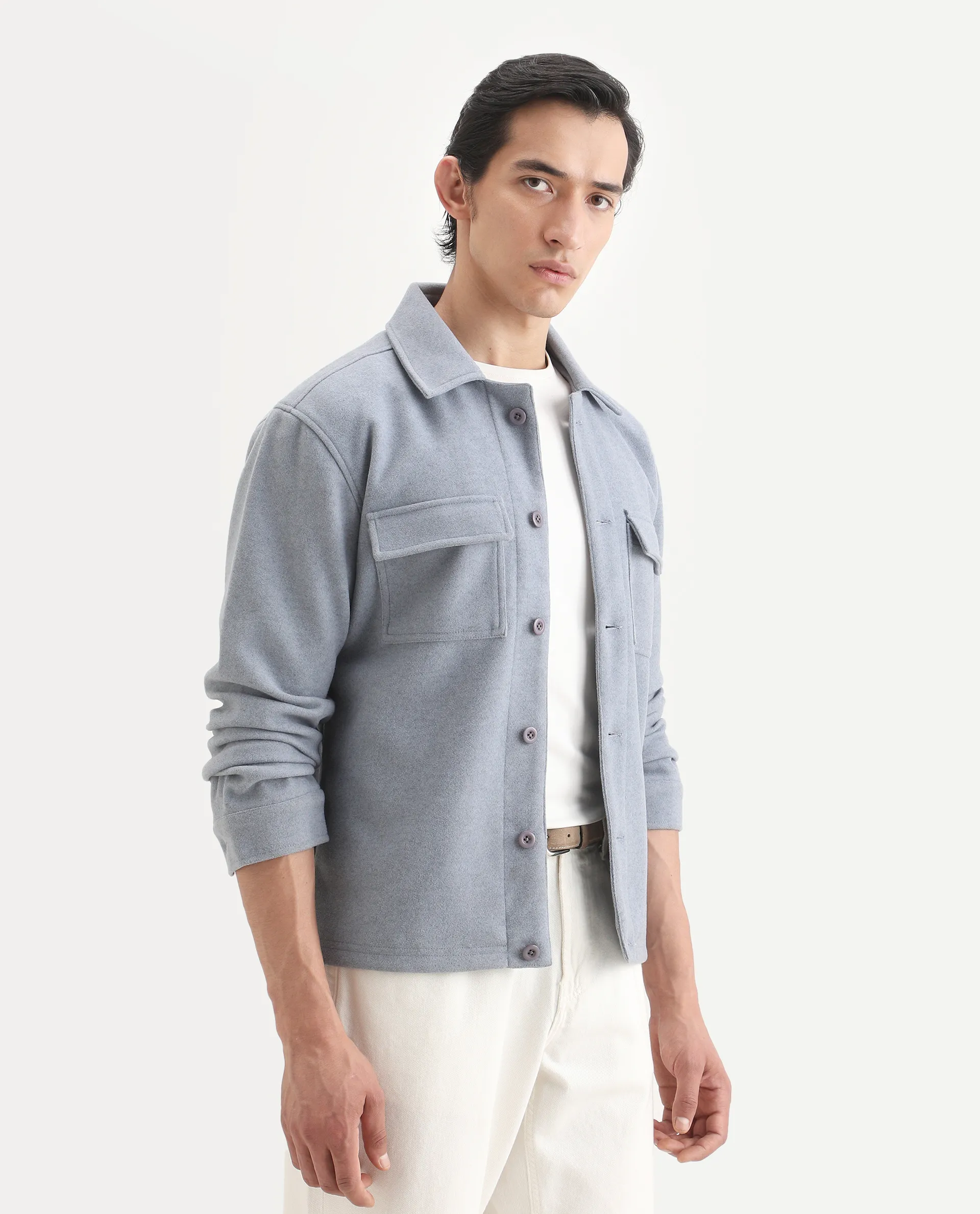 Rare Rabbit Men's Bensko Dusky Blue Polyester Fabric Spread Collar Regular Fit Plain Jacket - Image 8