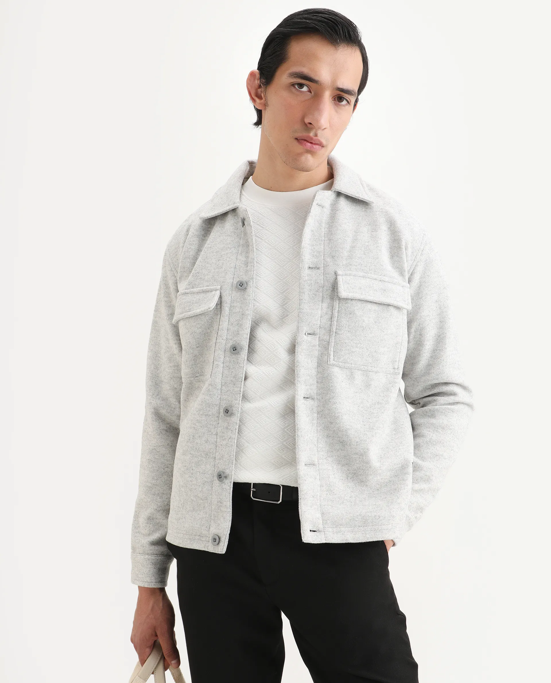 Rare Rabbit Men's Bensko Light Grey Polyester Fabric Spread Collar Regular Fit Plain Jacket