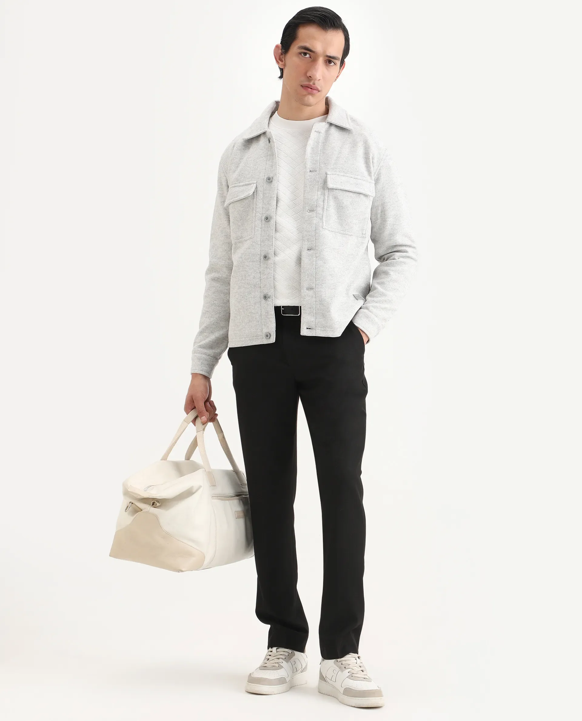 Rare Rabbit Men's Bensko Light Grey Polyester Fabric Spread Collar Regular Fit Plain Jacket - Image 2