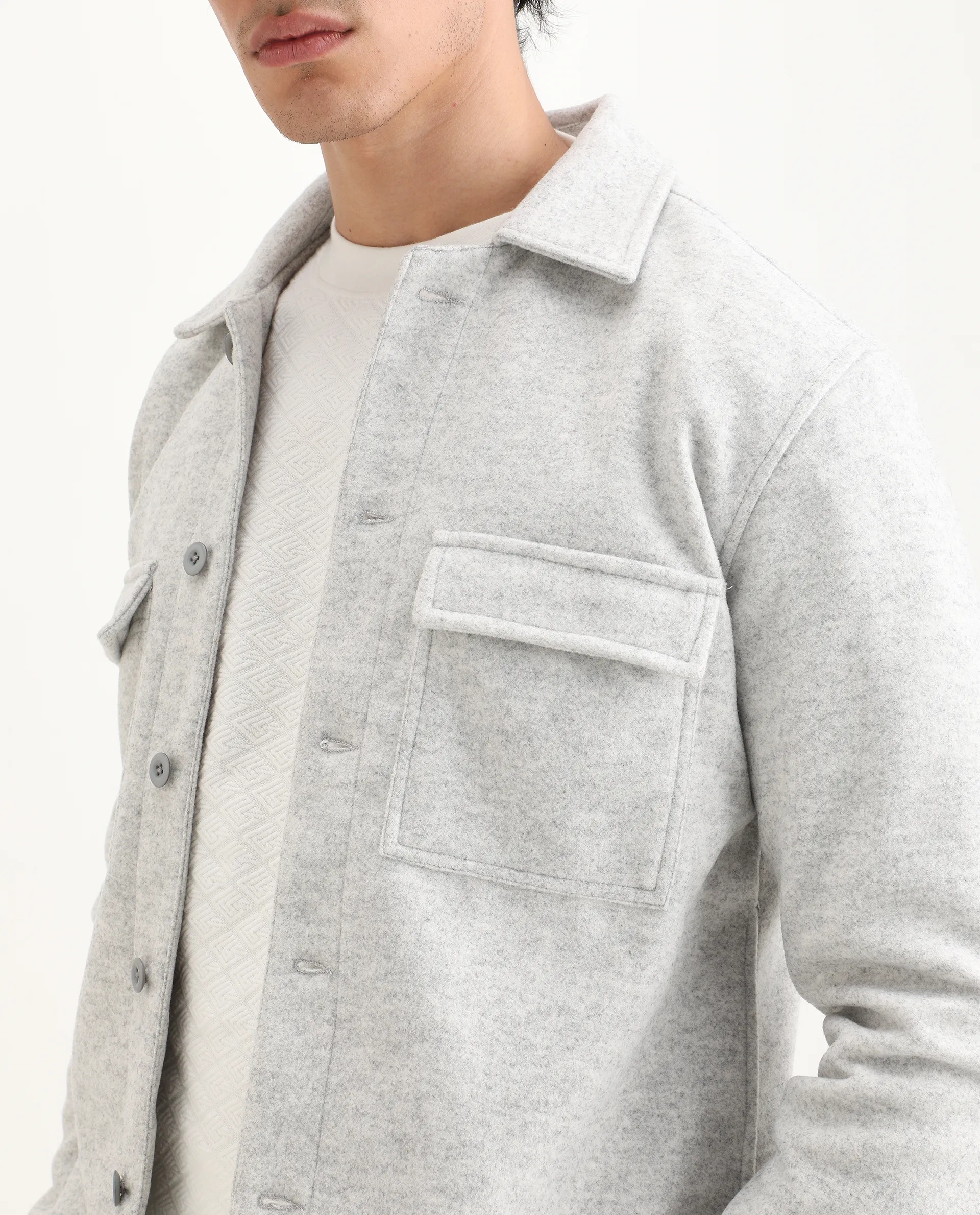 Rare Rabbit Men's Bensko Light Grey Polyester Fabric Spread Collar Regular Fit Plain Jacket - Image 3