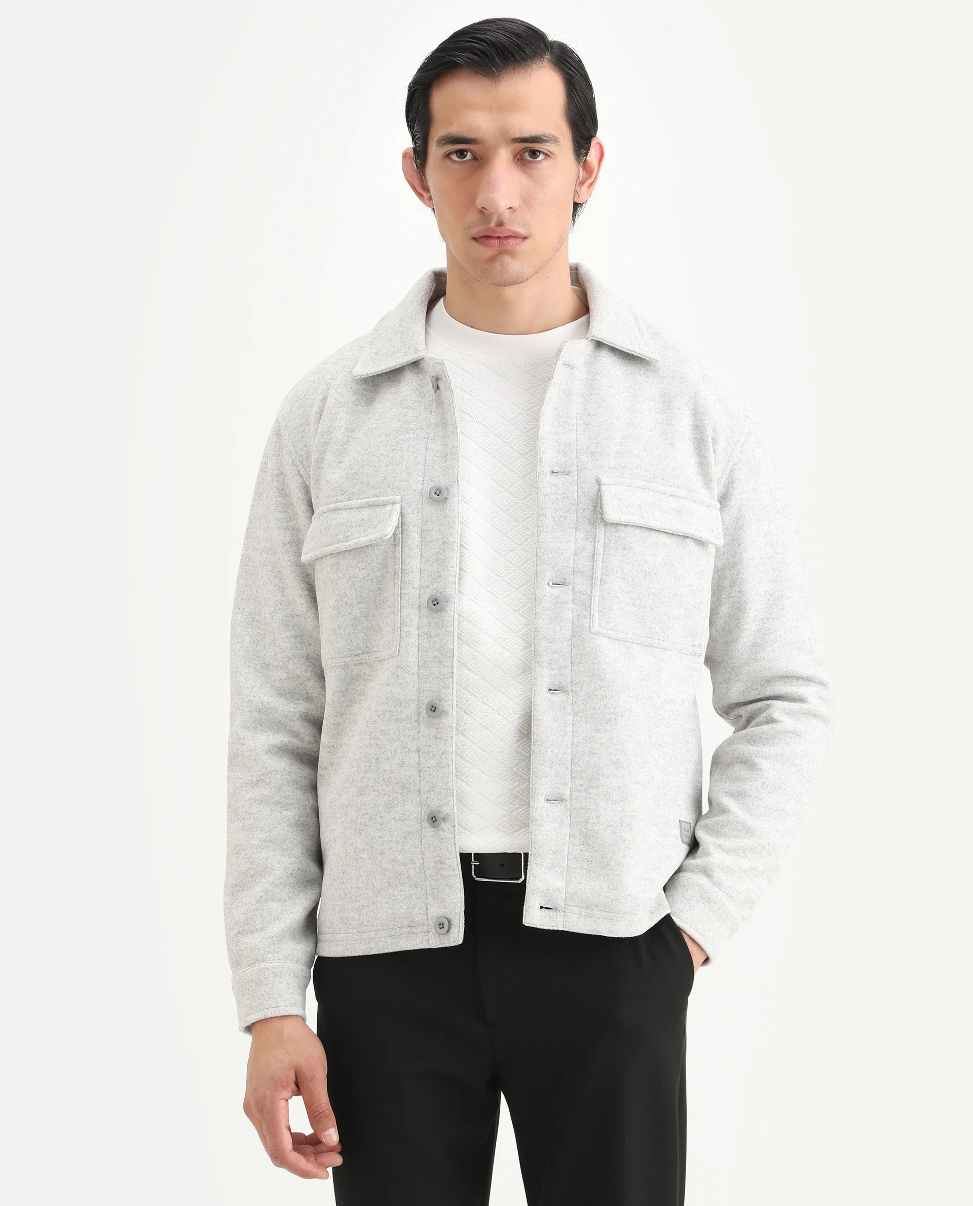 Rare Rabbit Men's Bensko Light Grey Polyester Fabric Spread Collar Regular Fit Plain Jacket - Image 4