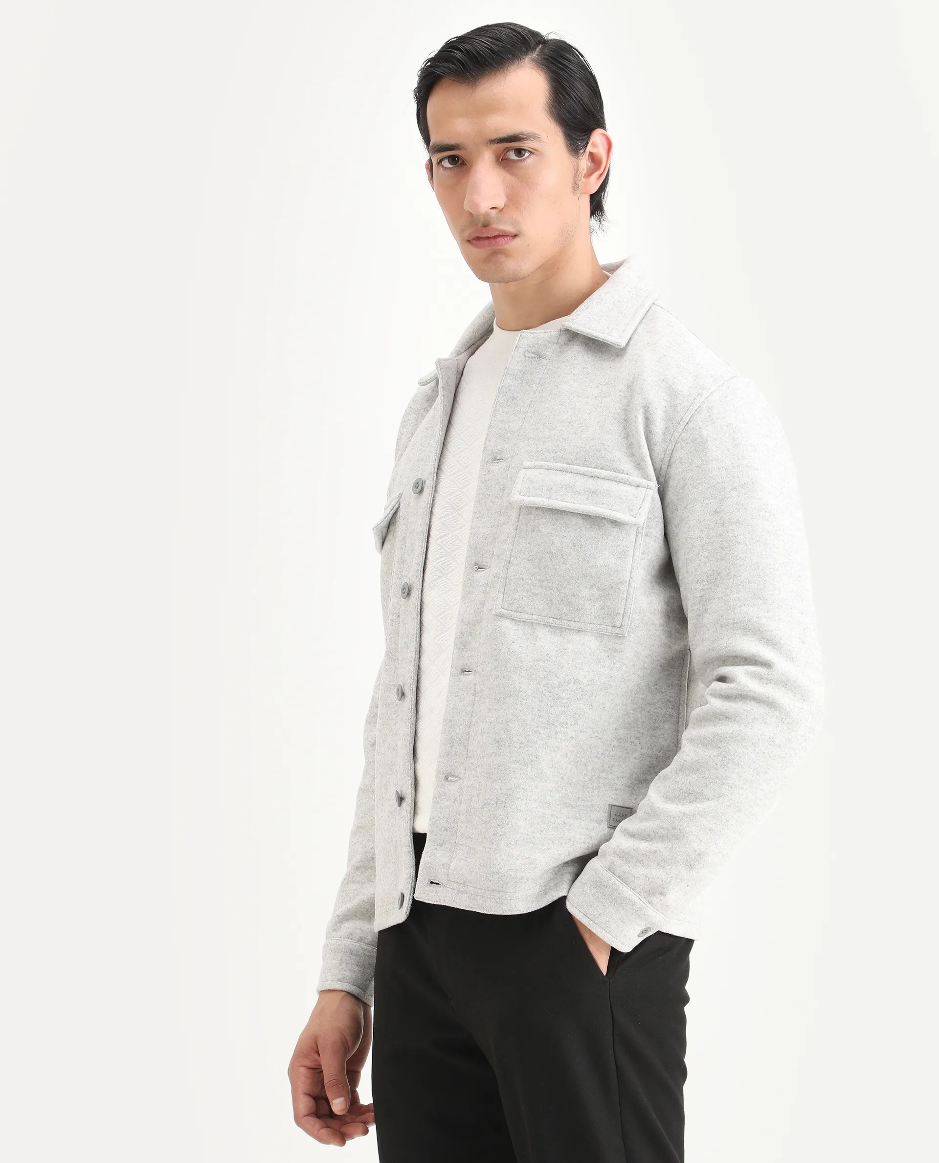 Rare Rabbit Men's Bensko Light Grey Polyester Fabric Spread Collar Regular Fit Plain Jacket - Image 5