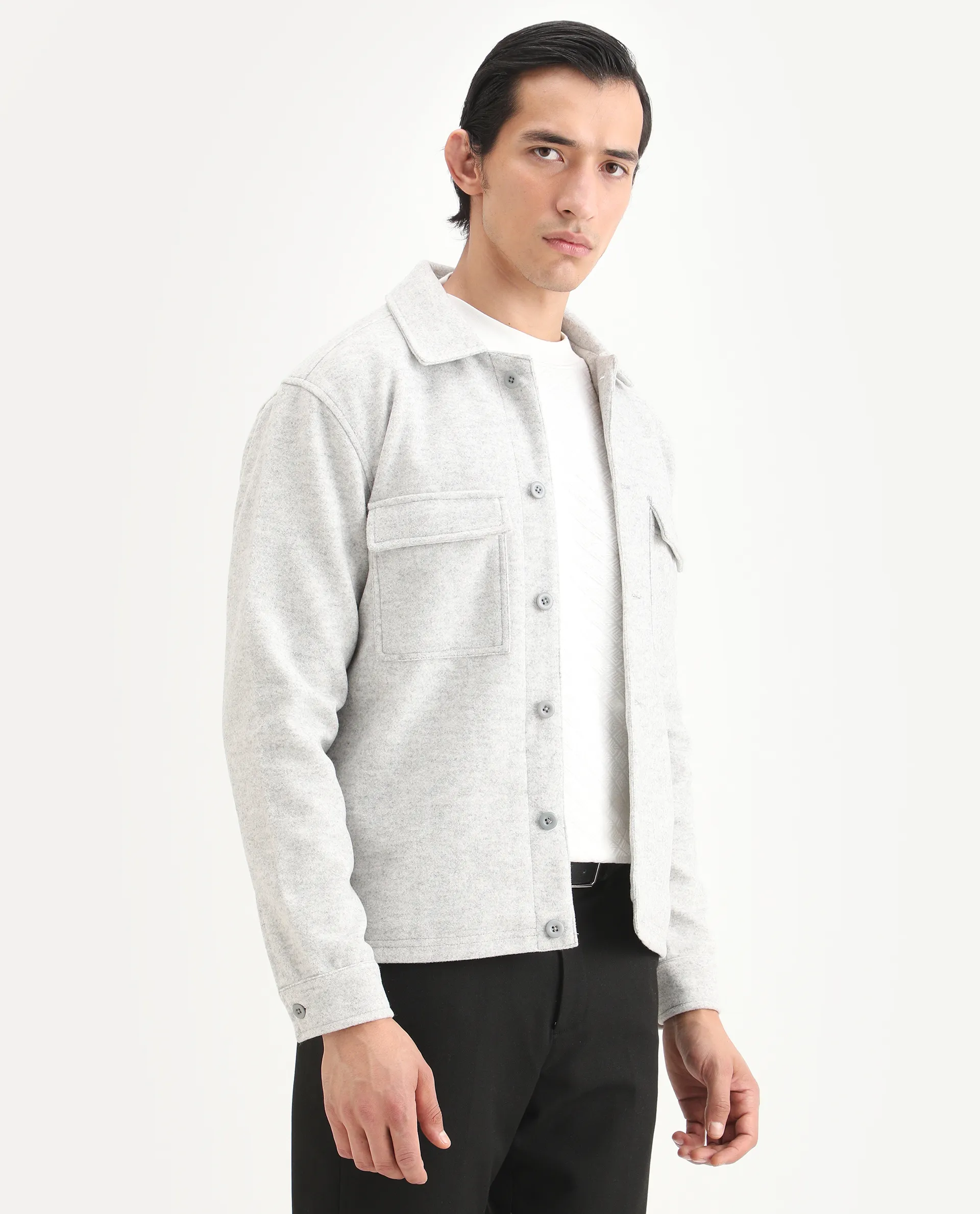 Rare Rabbit Men's Bensko Light Grey Polyester Fabric Spread Collar Regular Fit Plain Jacket - Image 6