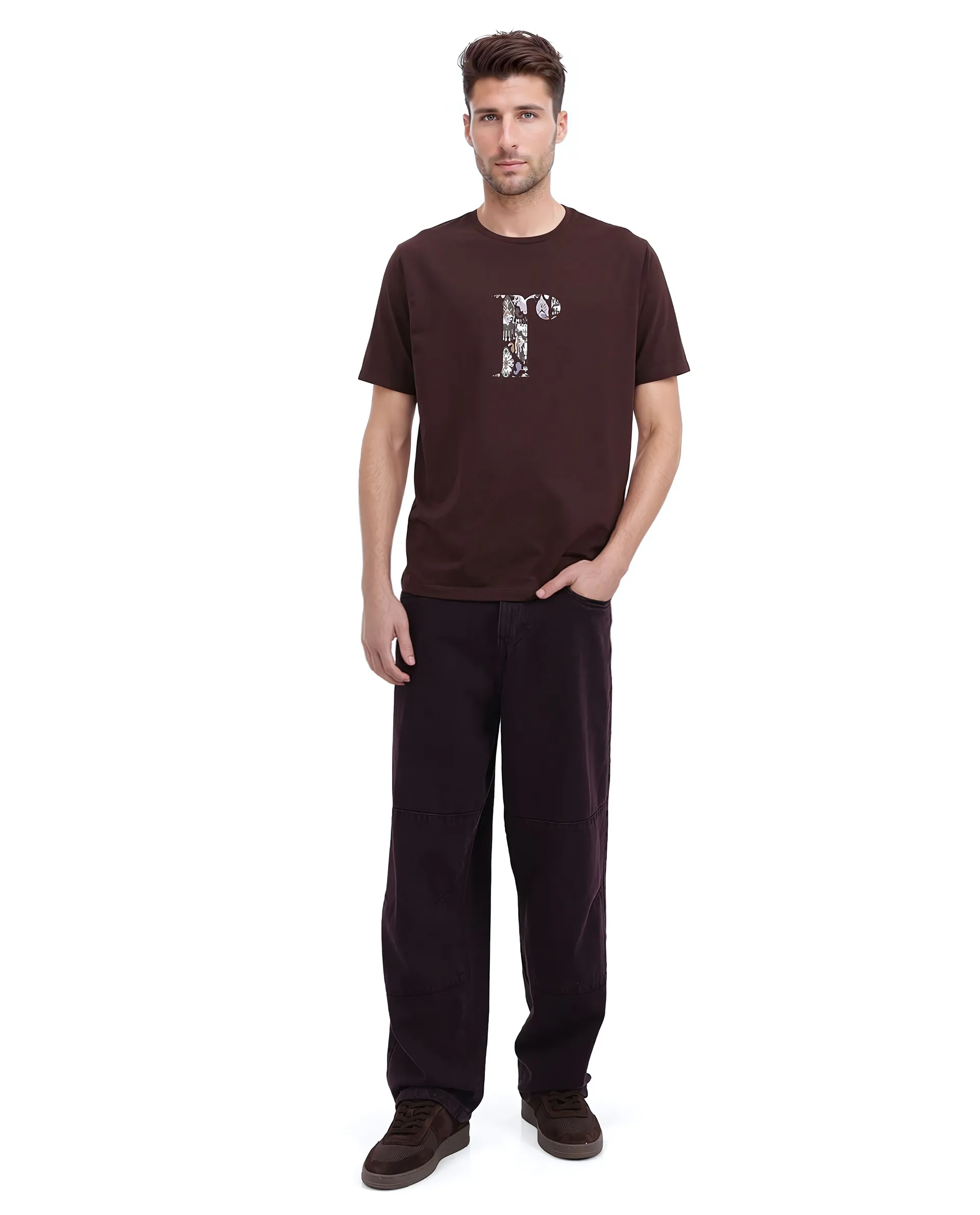 Rare Rabbit Men's Bent Dark Brown Cotton Blend Graphic Print Regular Fit Half Sleeve Crew Neck T-Shirt - Image 2