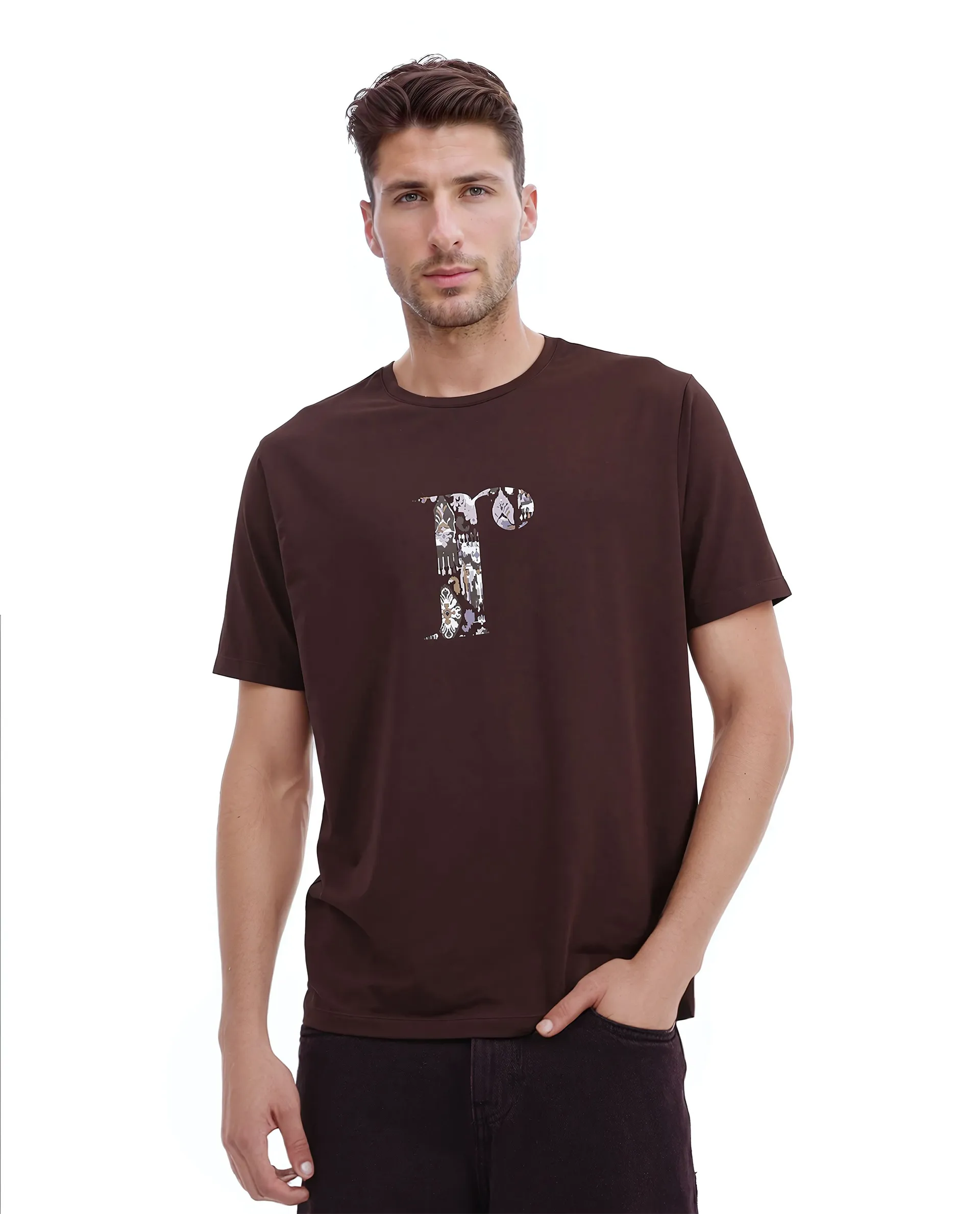Rare Rabbit Men's Bent Dark Brown Cotton Blend Graphic Print Regular Fit Half Sleeve Crew Neck T-Shirt - Image 6