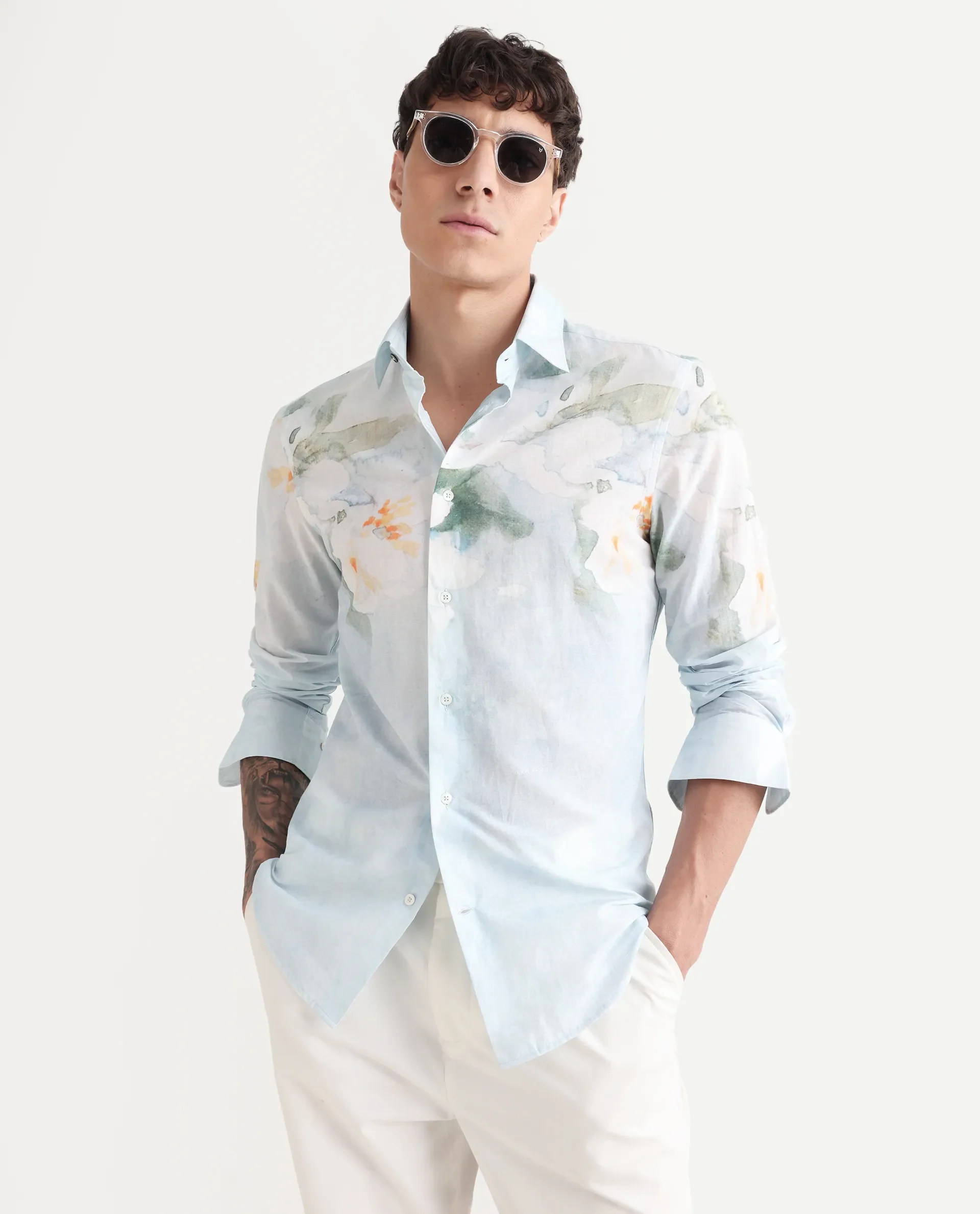 Rare Rabbit Men's Bepa-25 Light Blue Cotton Blend Floral Print Regular Fit Full Sleeve Collared Shirt