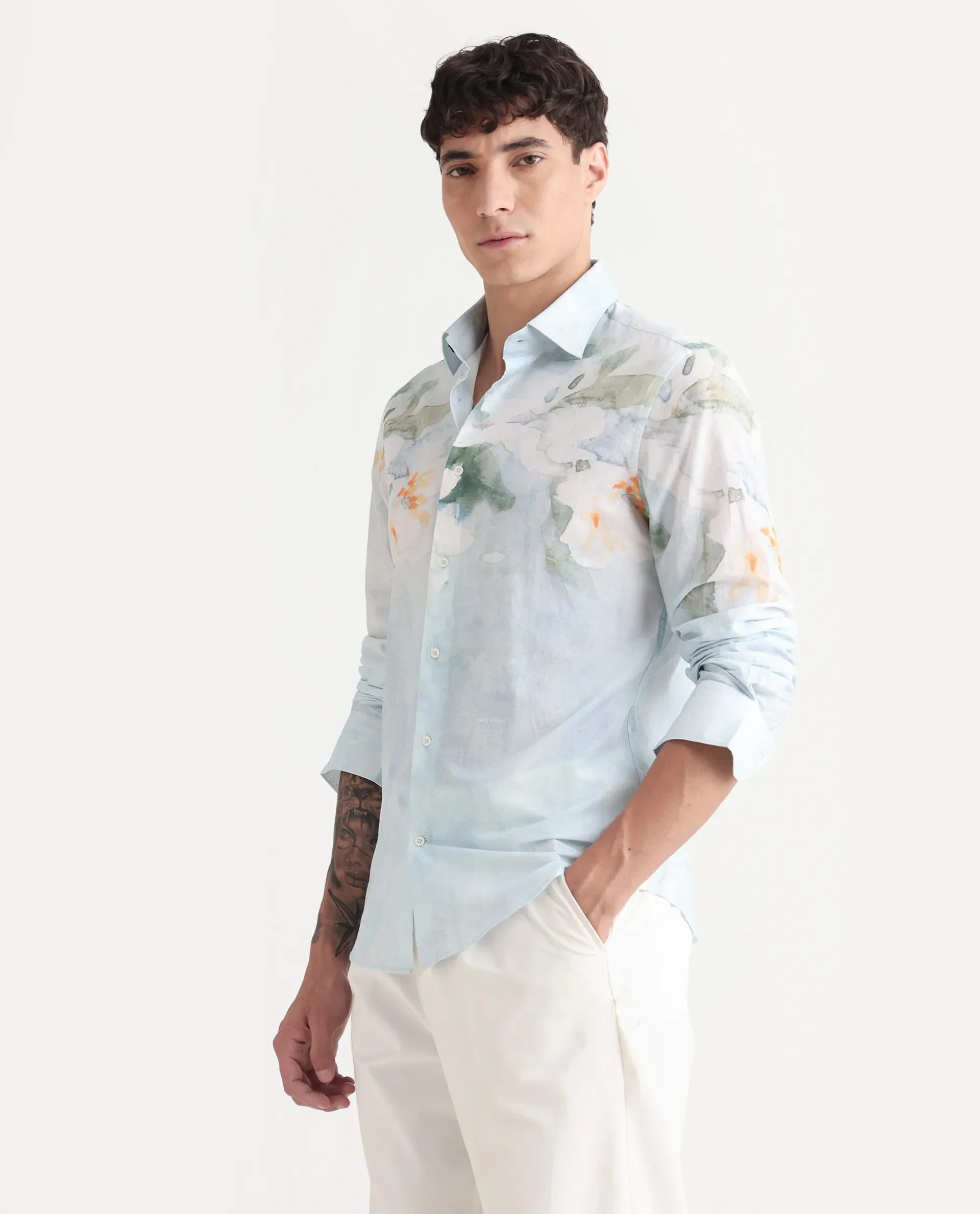 Rare Rabbit Men's Bepa-25 Light Blue Cotton Blend Floral Print Regular Fit Full Sleeve Collared Shirt - Image 4