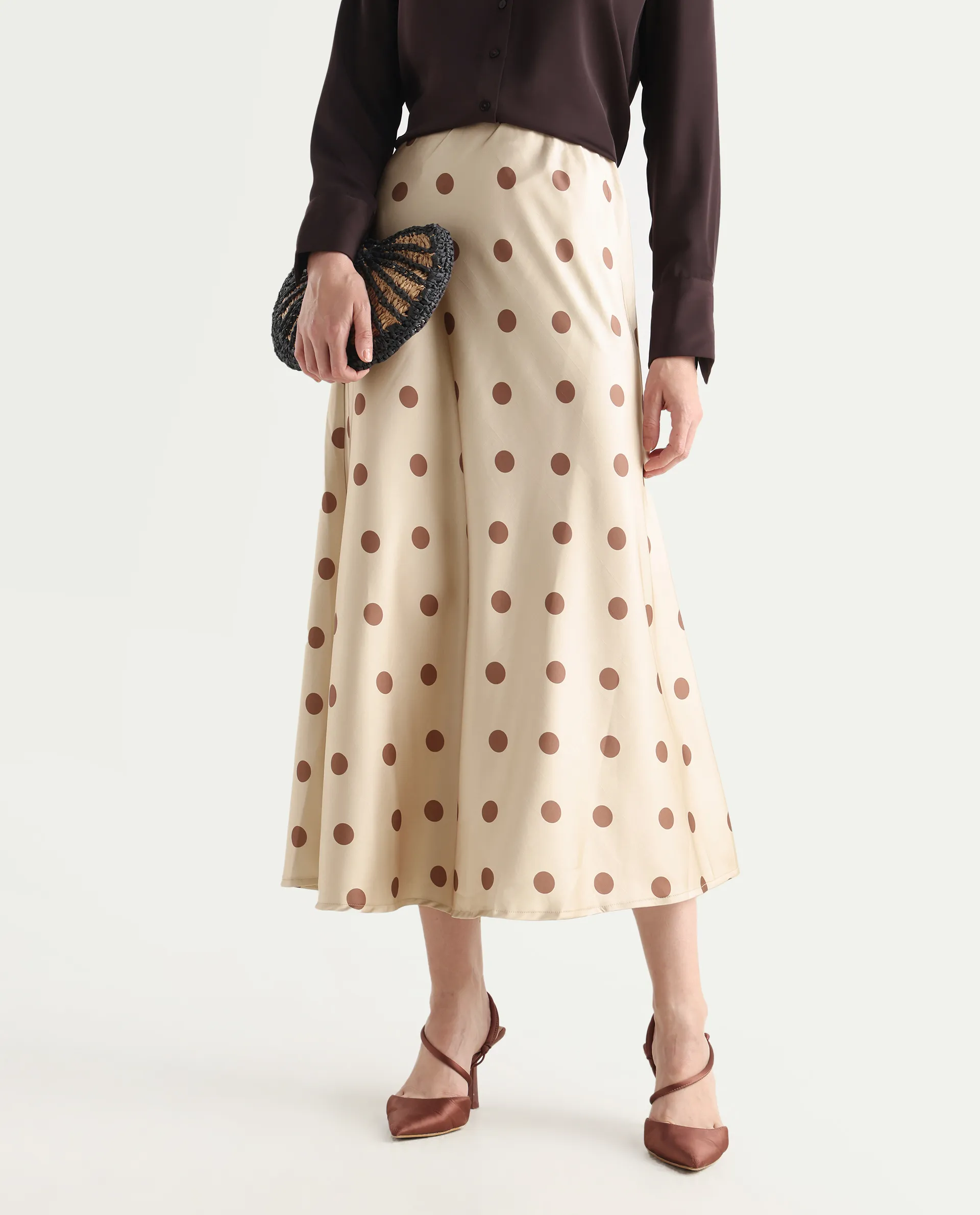 Rareism Women's Berdo-B Beige Polyester Blend Polka Print Maxi Flared Skirt - Image 2