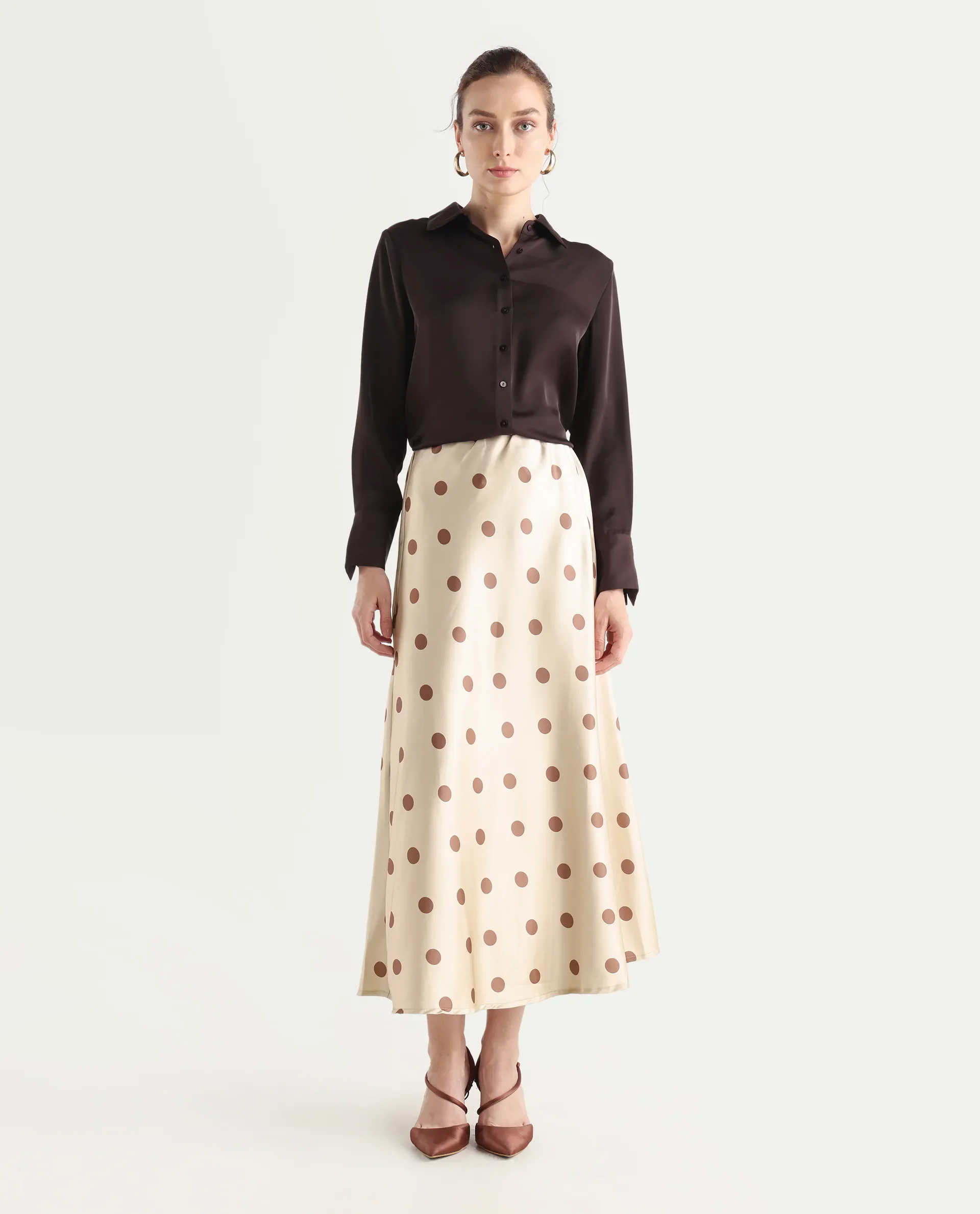 Rareism Women's Berdo-B Beige Polyester Blend Polka Print Maxi Flared Skirt - Image 3
