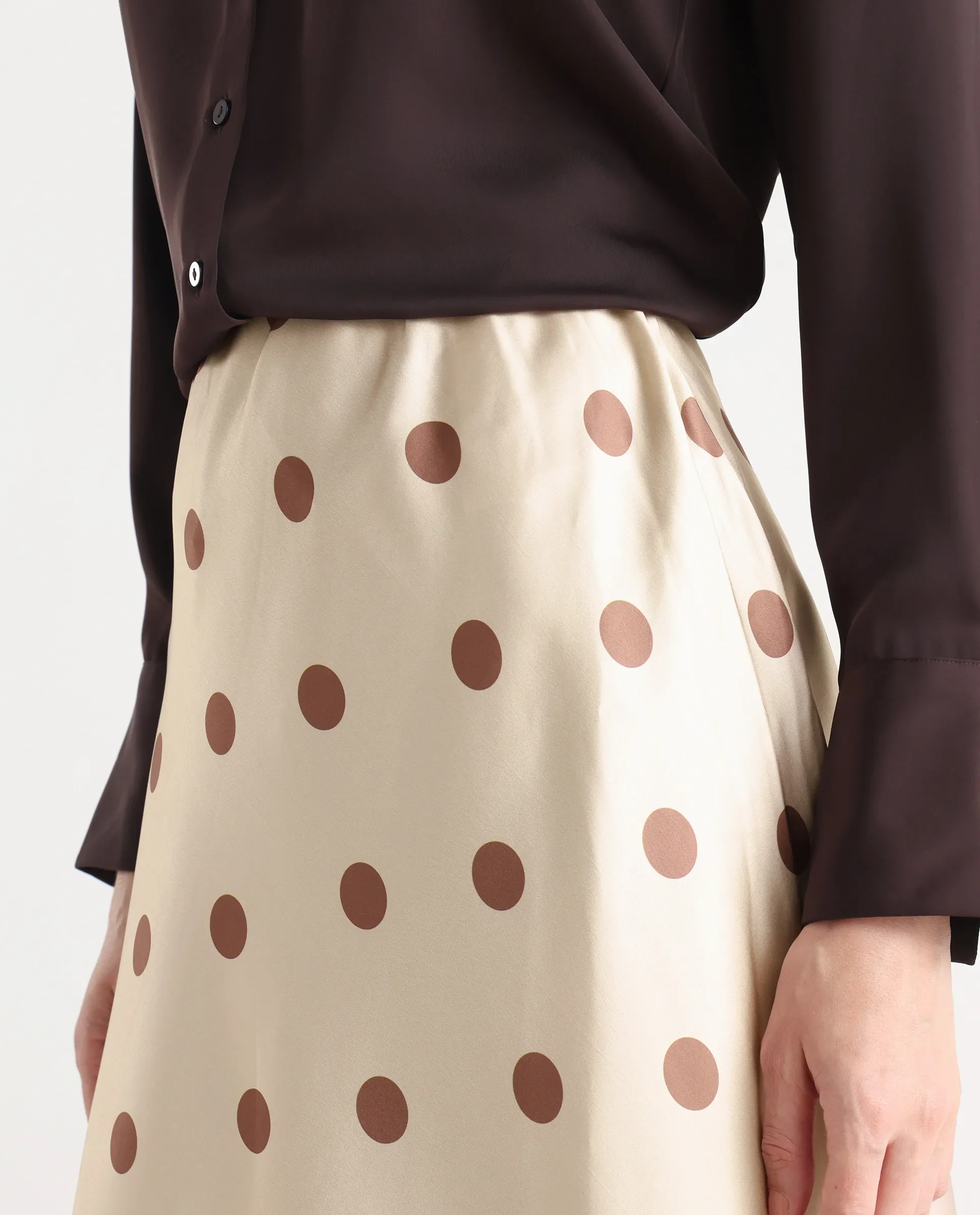 Rareism Women's Berdo-B Beige Polyester Blend Polka Print Maxi Flared Skirt - Image 4