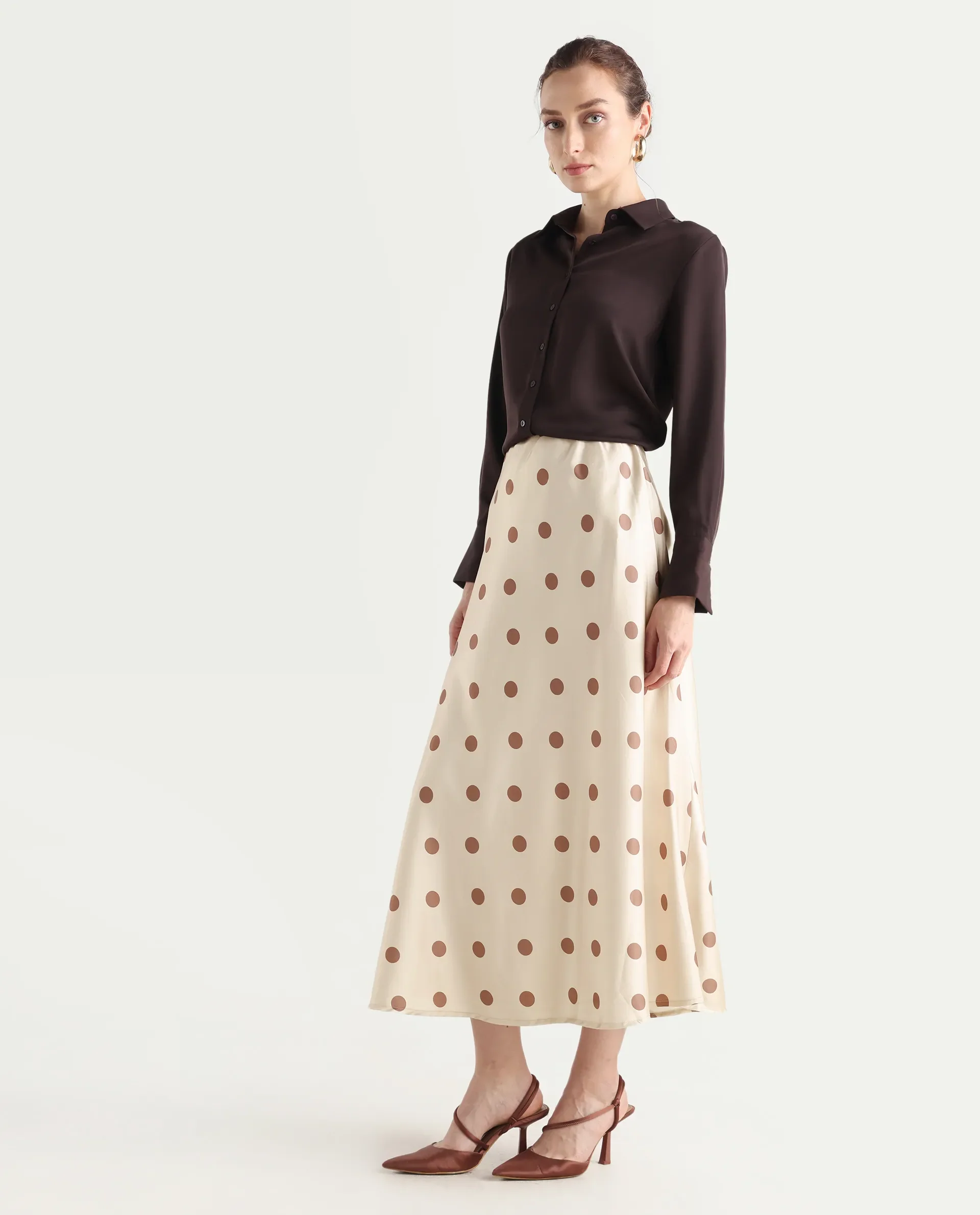 Rareism Women's Berdo-B Beige Polyester Blend Polka Print Maxi Flared Skirt - Image 5