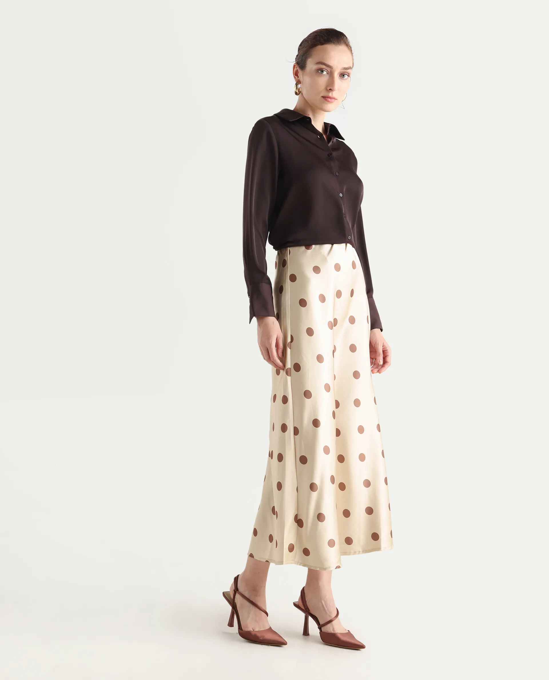 Rareism Women's Berdo-B Beige Polyester Blend Polka Print Maxi Flared Skirt - Image 6