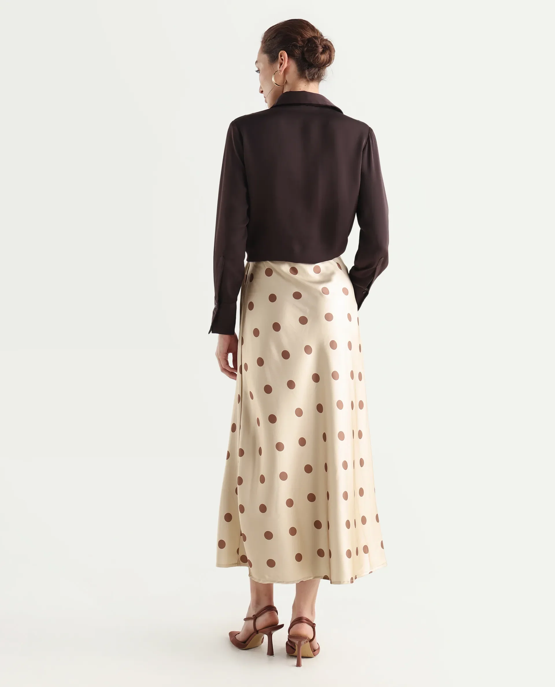 Rareism Women's Berdo-B Beige Polyester Blend Polka Print Maxi Flared Skirt - Image 7