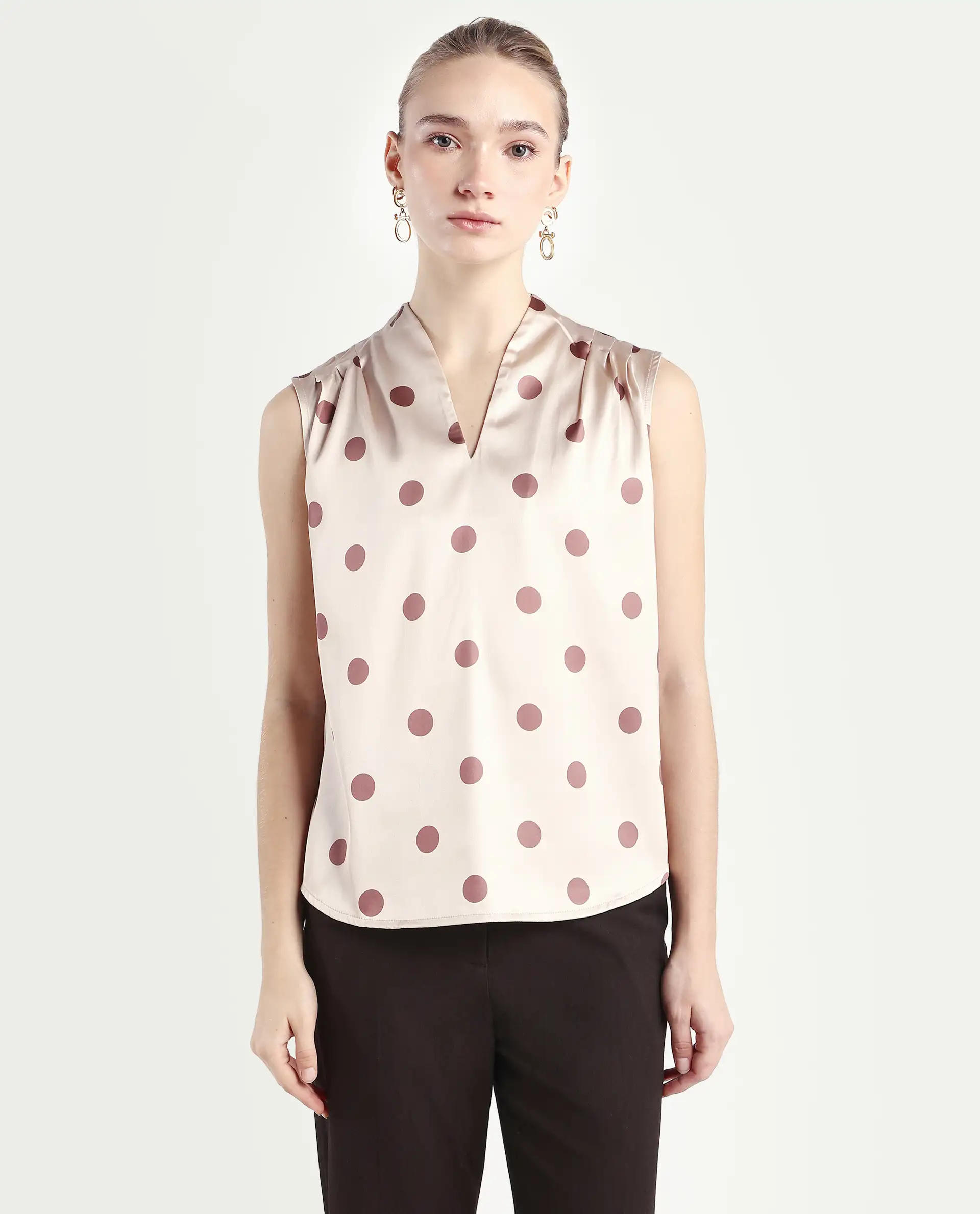 Rareism Women's Berdo-T Beige Polyester V-Neck Polka Print Sleeveless Regular Fit Top - Image 3