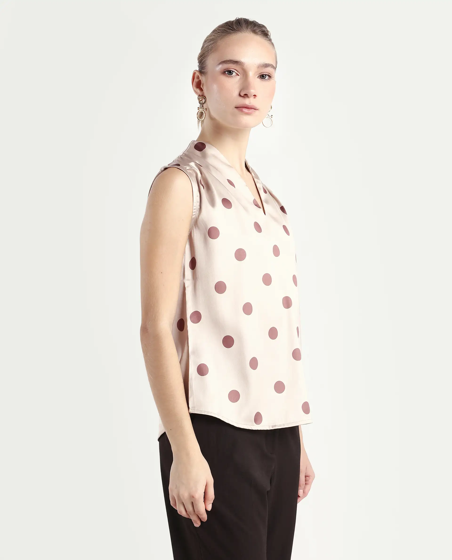 Rareism Women's Berdo-T Beige Polyester V-Neck Polka Print Sleeveless Regular Fit Top - Image 6