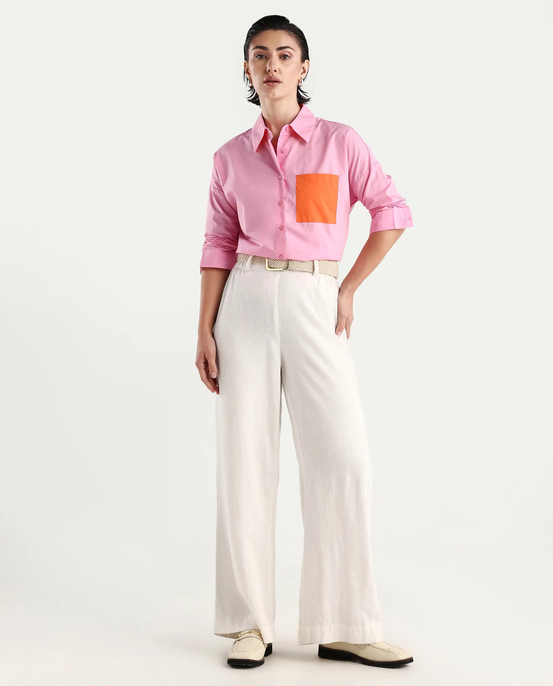 Rareism Women's Bereio Pink Cotton Drop Collar Plain Cuffed Sleeve Regular Fit Shirt - Image 2