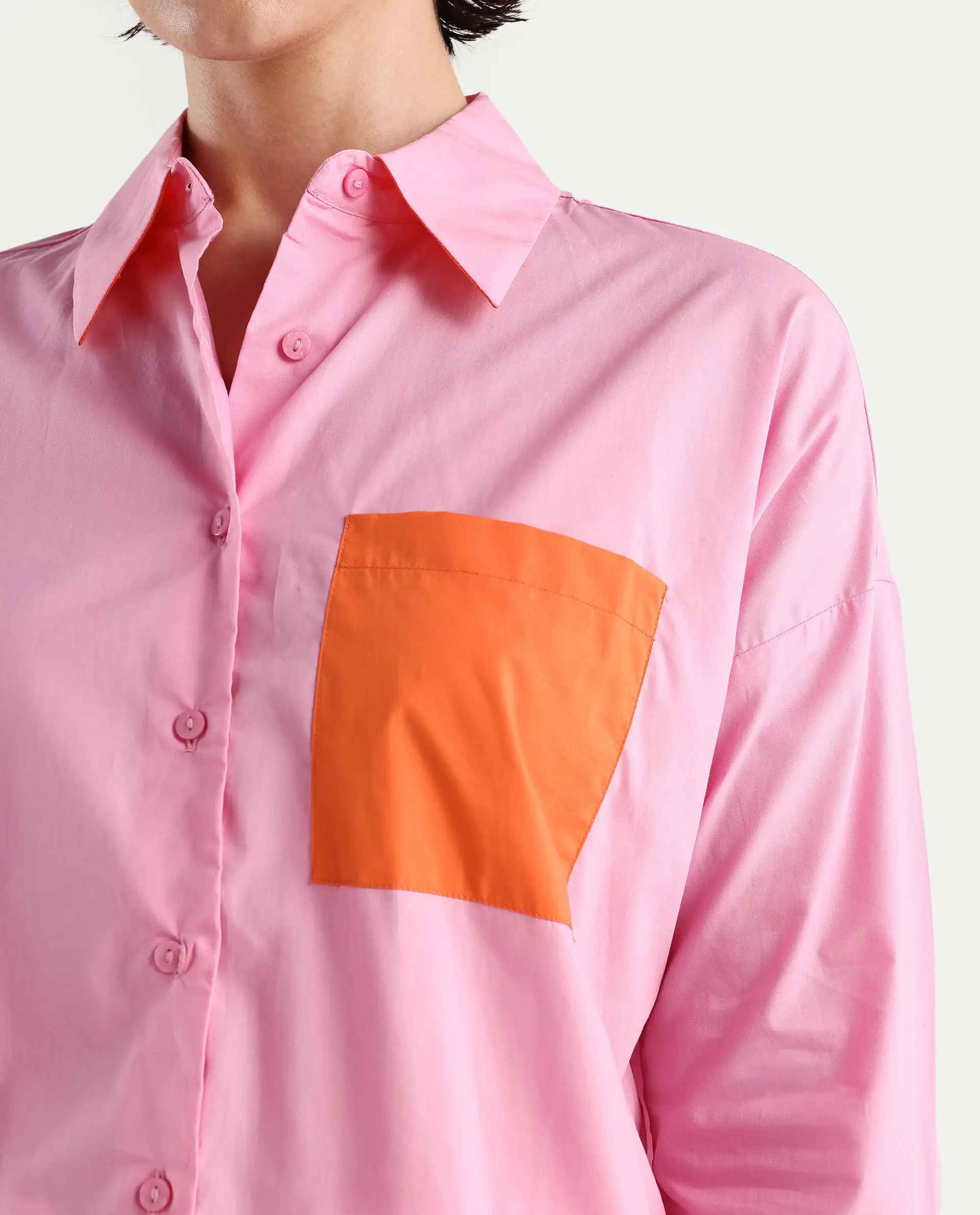 Rareism Women's Bereio Pink Cotton Drop Collar Plain Cuffed Sleeve Regular Fit Shirt - Image 3