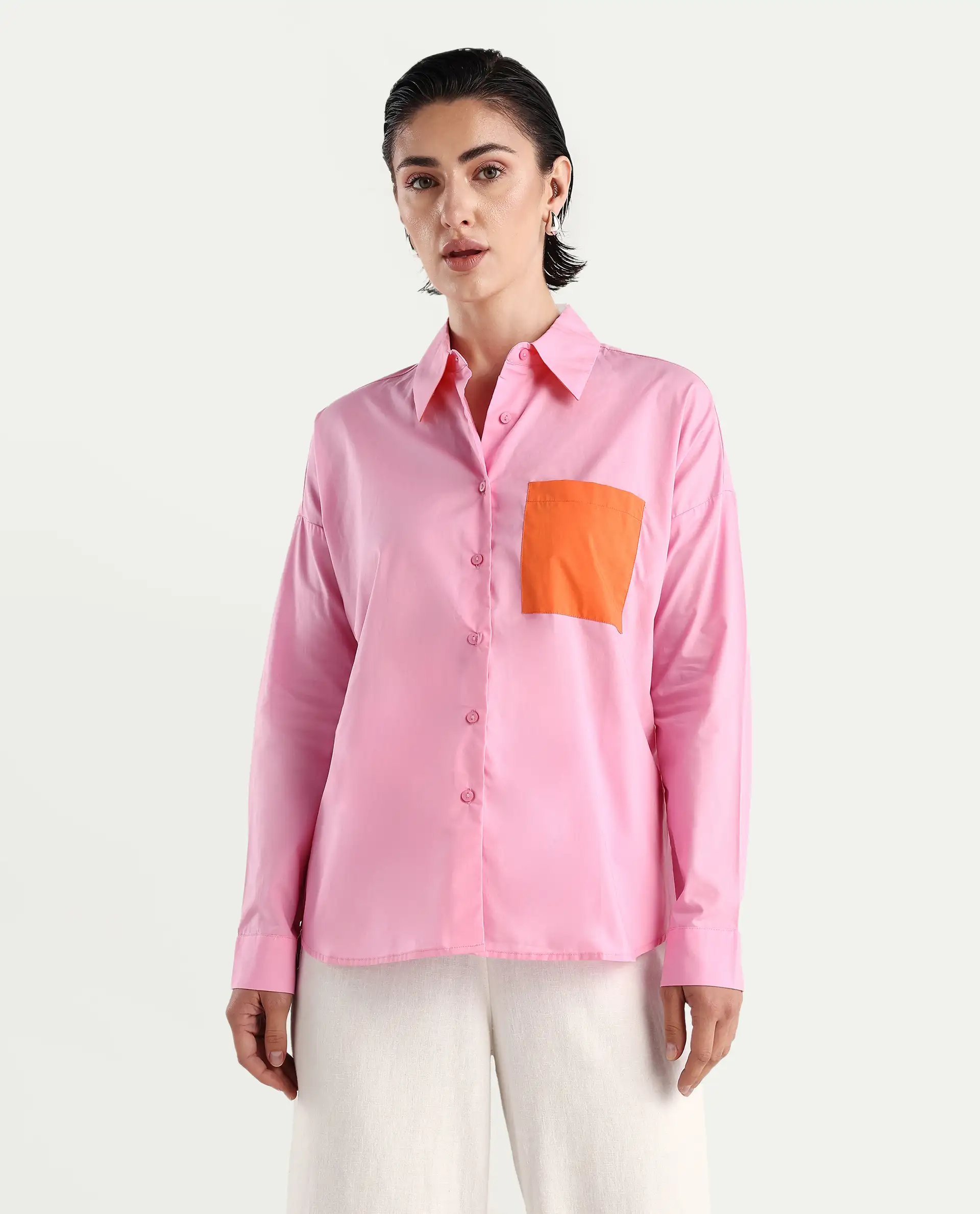 Rareism Women's Bereio Pink Cotton Drop Collar Plain Cuffed Sleeve Regular Fit Shirt - Image 4