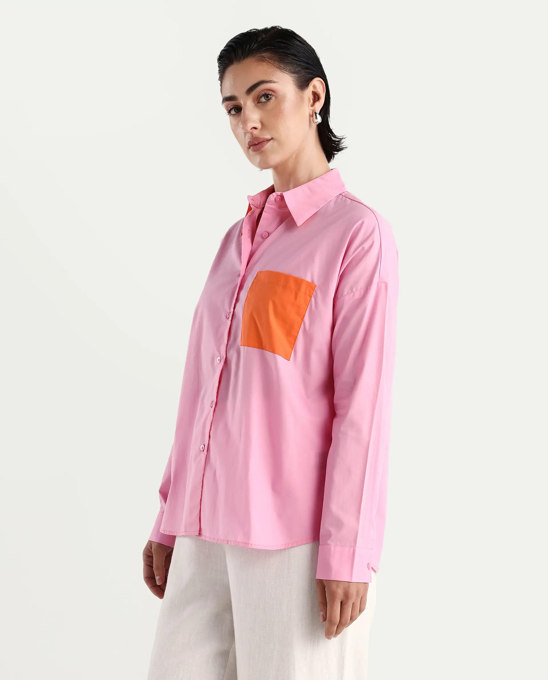 Rareism Women's Bereio Pink Cotton Drop Collar Plain Cuffed Sleeve Regular Fit Shirt - Image 5