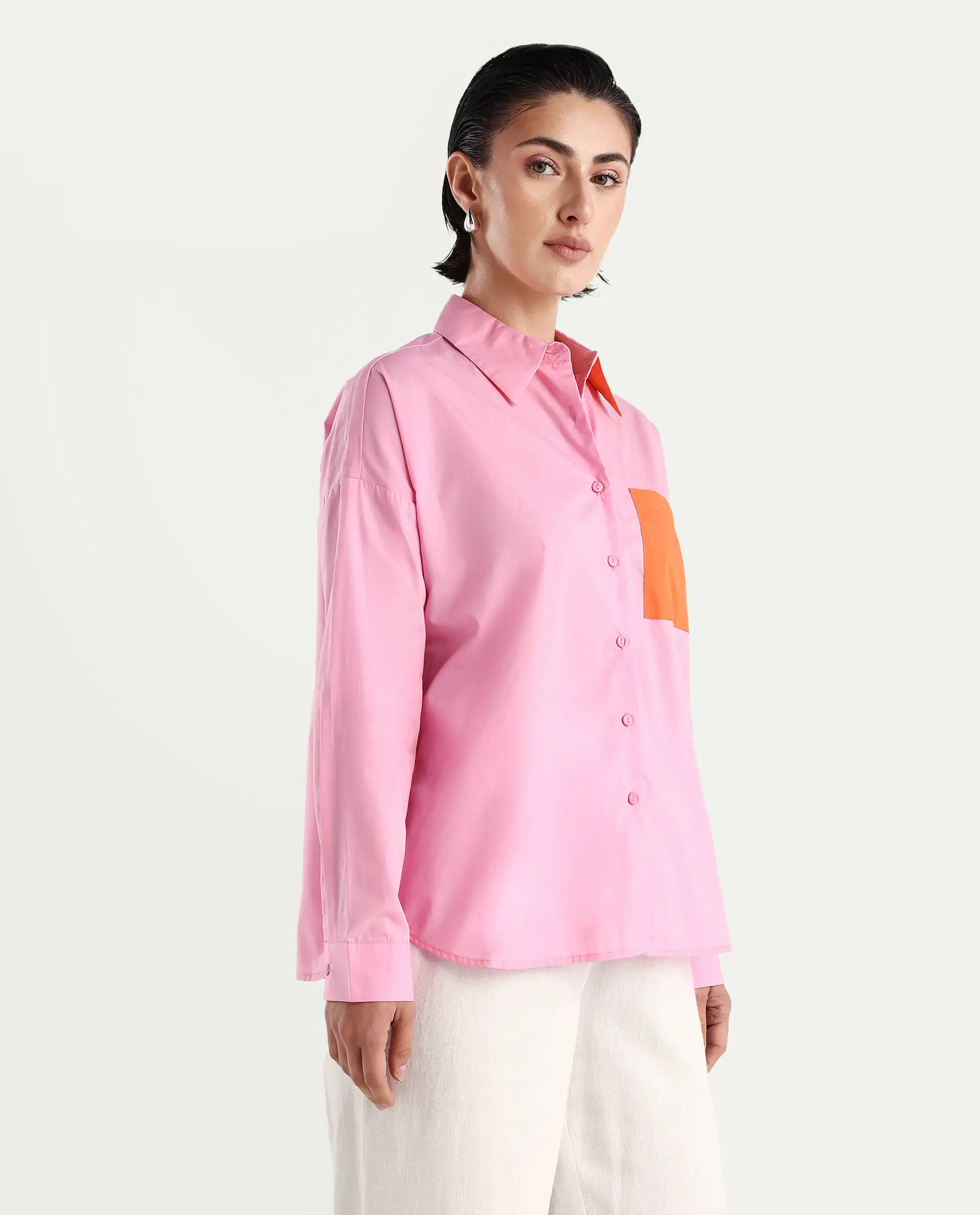 Rareism Women's Bereio Pink Cotton Drop Collar Plain Cuffed Sleeve Regular Fit Shirt - Image 6