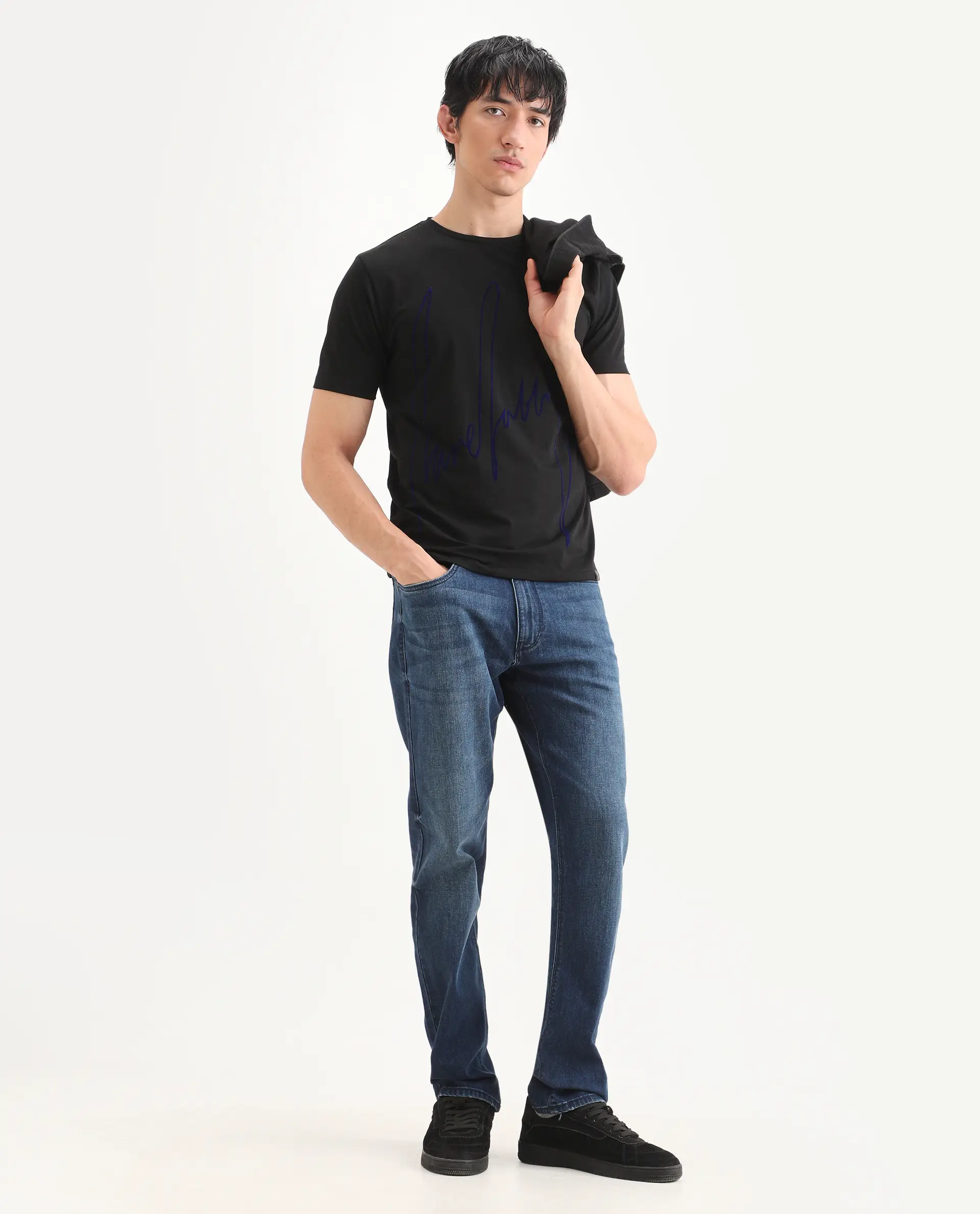Rare Rabbit Men's Berg-S26 Black Cotton Blend Fabric Half Sleeve Crew Neck Regular Fit Printed T-Shirt - Image 2