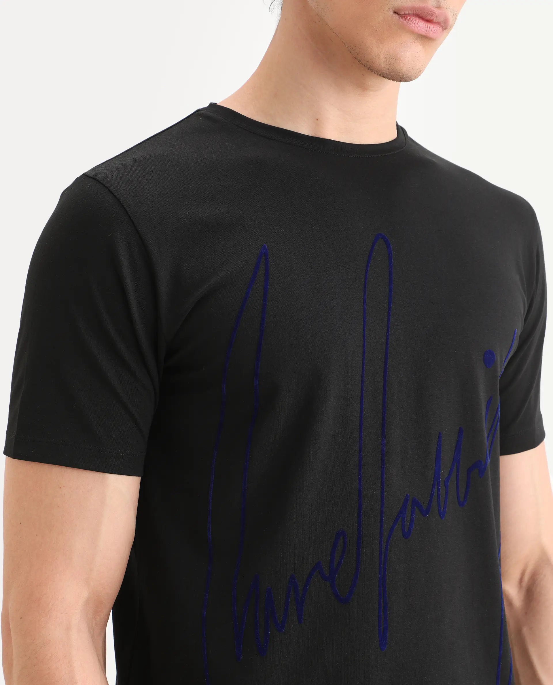 Rare Rabbit Men's Berg-S26 Black Cotton Blend Fabric Half Sleeve Crew Neck Regular Fit Printed T-Shirt - Image 3
