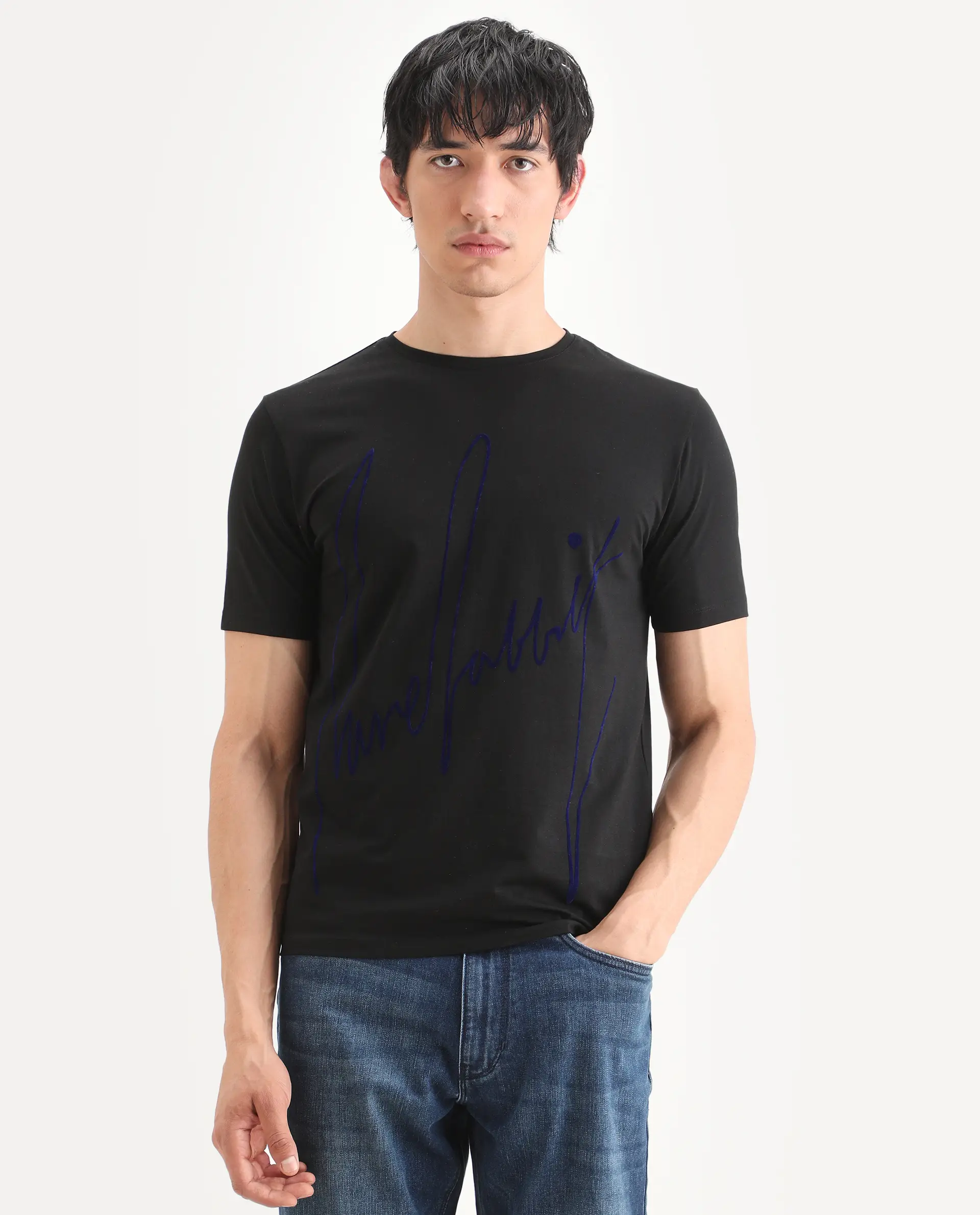 Rare Rabbit Men's Berg-S26 Black Cotton Blend Fabric Half Sleeve Crew Neck Regular Fit Printed T-Shirt - Image 4