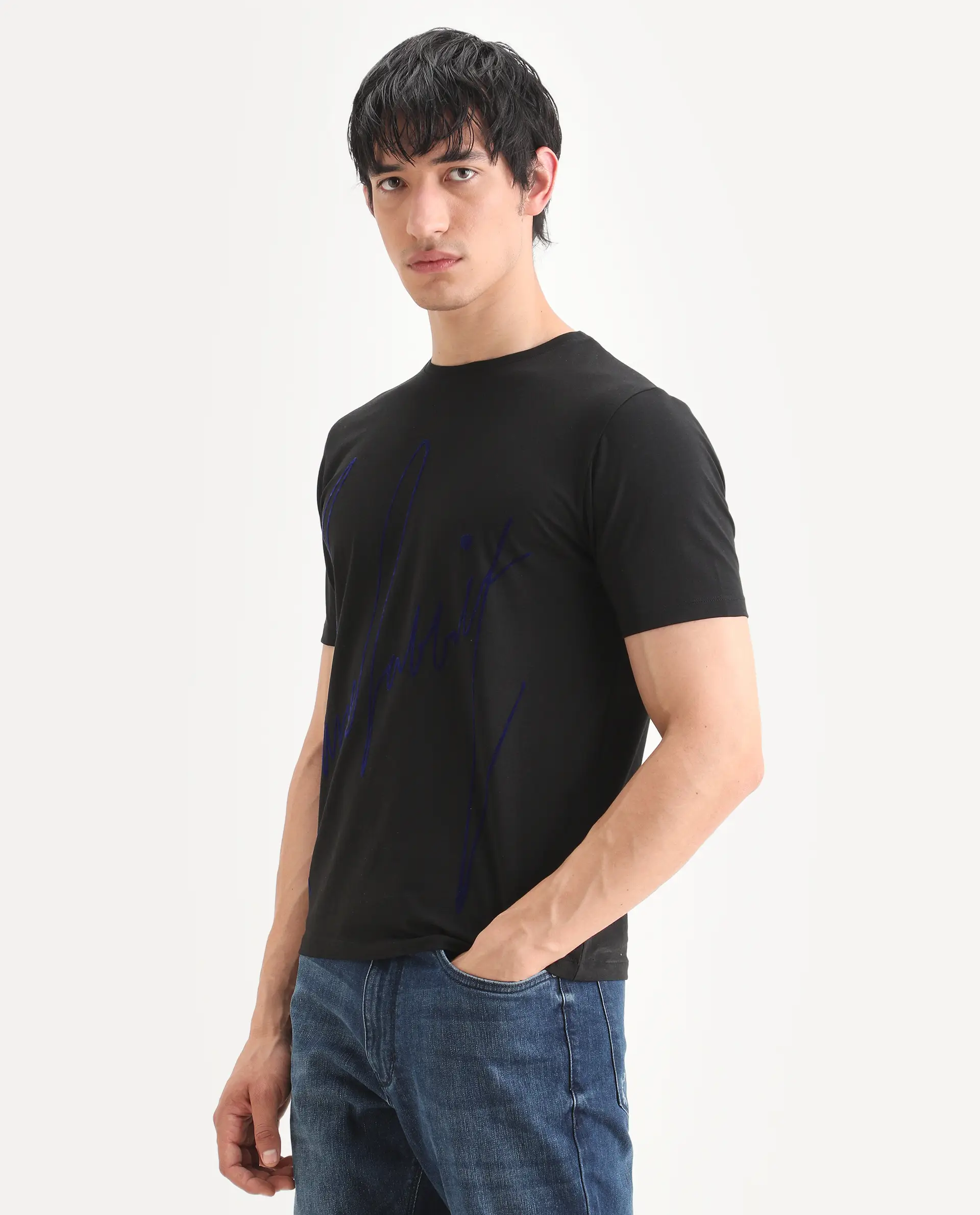 Rare Rabbit Men's Berg-S26 Black Cotton Blend Fabric Half Sleeve Crew Neck Regular Fit Printed T-Shirt - Image 5