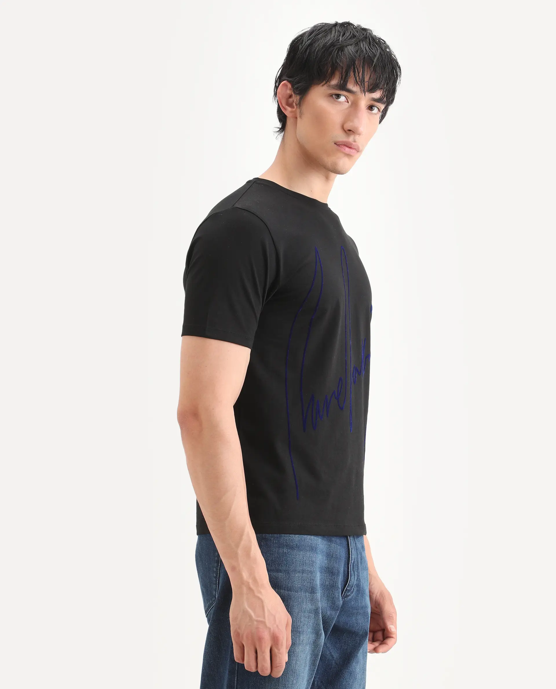 Rare Rabbit Men's Berg-S26 Black Cotton Blend Fabric Half Sleeve Crew Neck Regular Fit Printed T-Shirt - Image 6