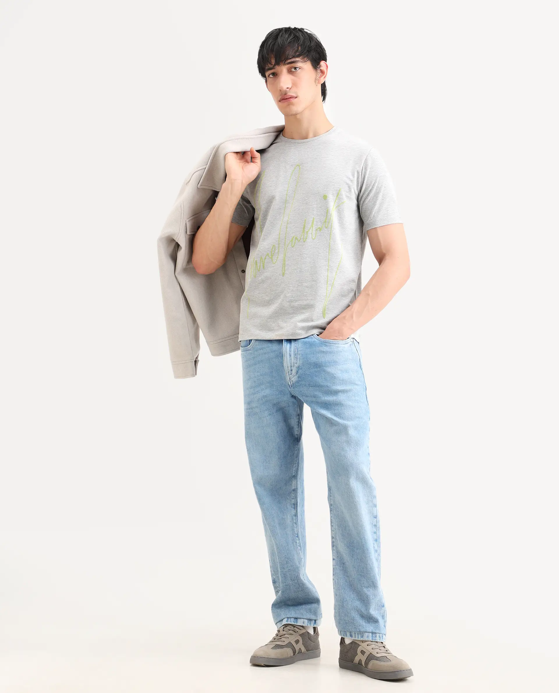 Rare Rabbit Men's Berg-S26 Melange Grey Cotton Blend Fabric Half Sleeve Crew Neck Regular Fit Printed T-Shirt - Image 2