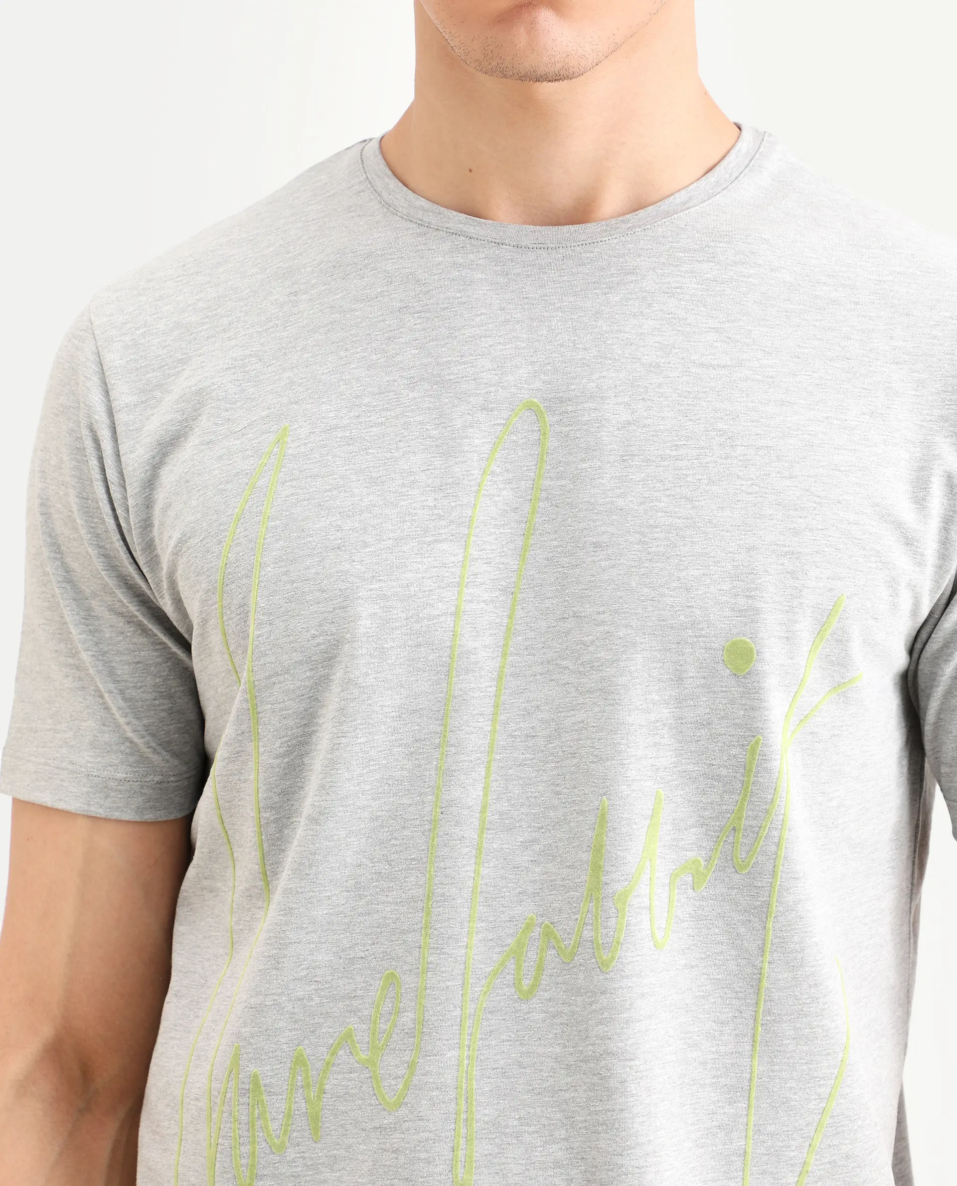 Rare Rabbit Men's Berg-S26 Melange Grey Cotton Blend Fabric Half Sleeve Crew Neck Regular Fit Printed T-Shirt - Image 3