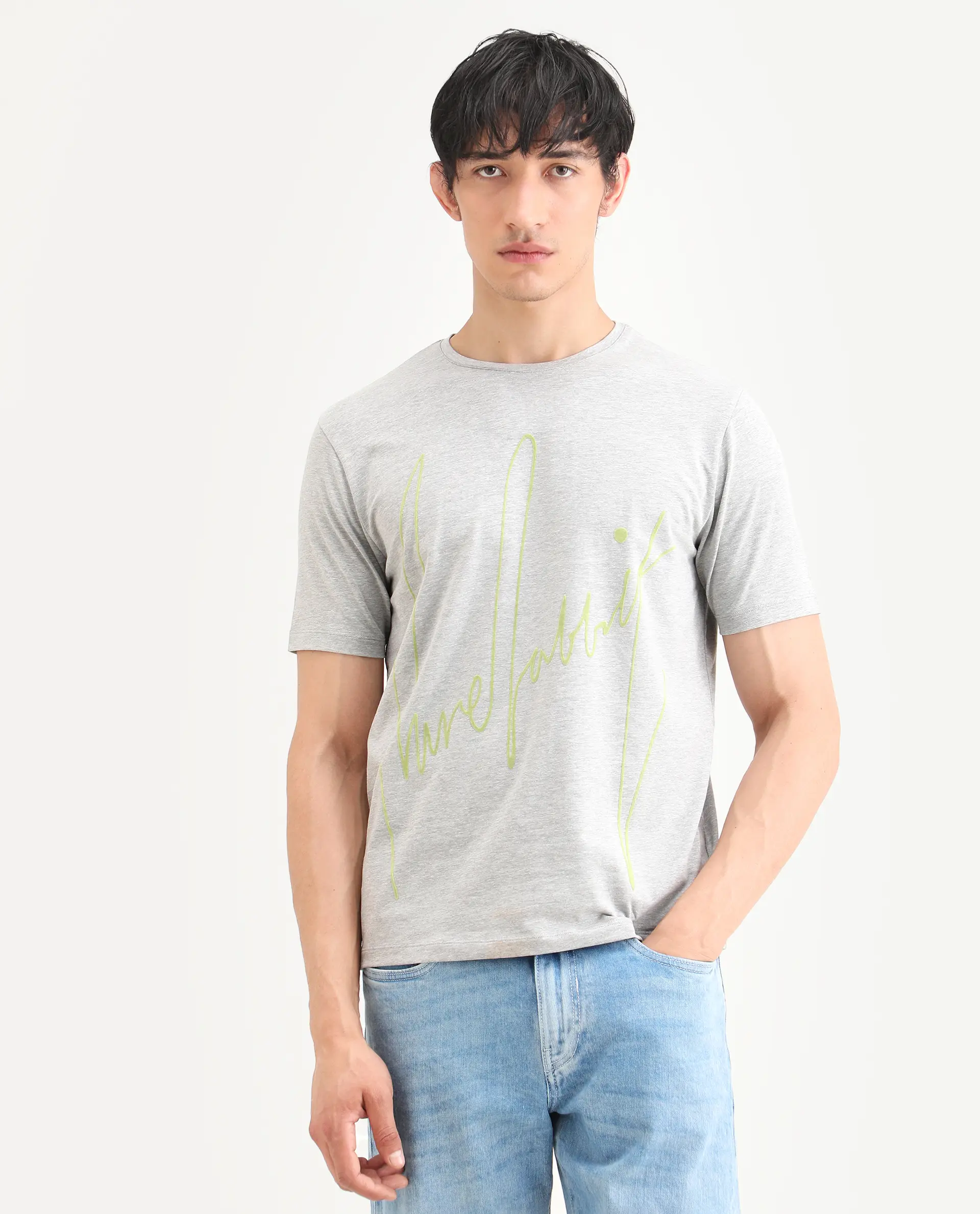 Rare Rabbit Men's Berg-S26 Melange Grey Cotton Blend Fabric Half Sleeve Crew Neck Regular Fit Printed T-Shirt - Image 4