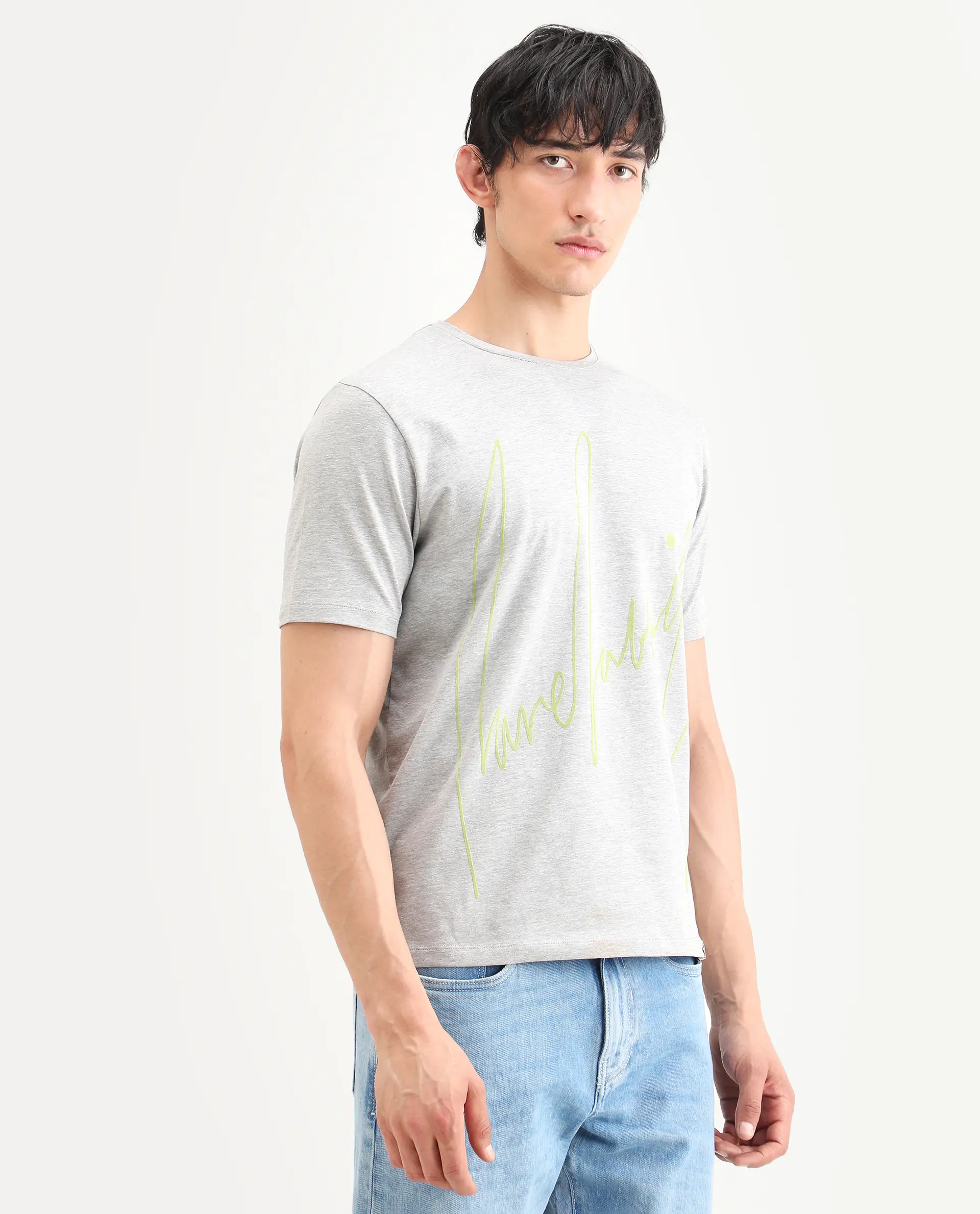 Rare Rabbit Men's Berg-S26 Melange Grey Cotton Blend Fabric Half Sleeve Crew Neck Regular Fit Printed T-Shirt - Image 5