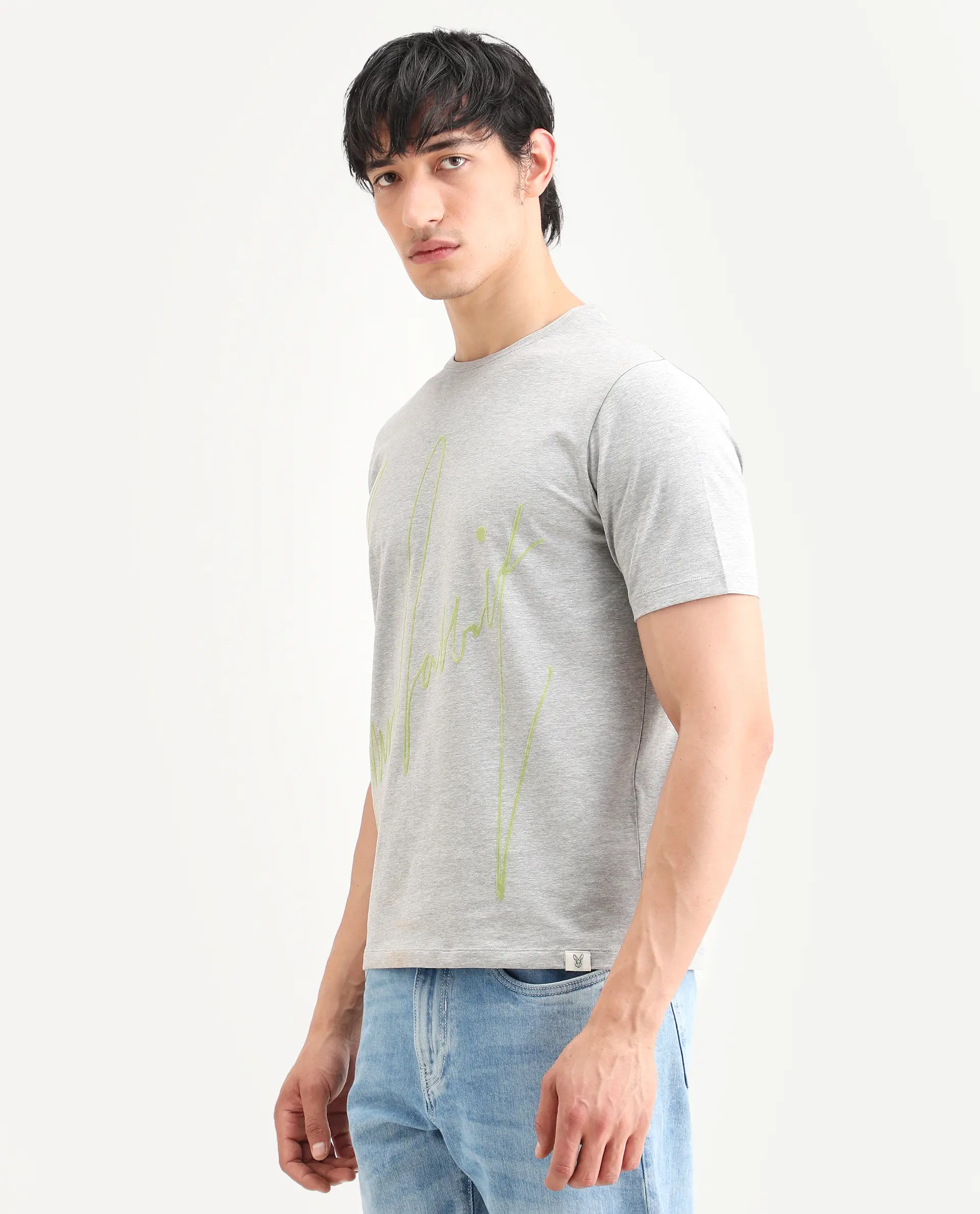 Rare Rabbit Men's Berg-S26 Melange Grey Cotton Blend Fabric Half Sleeve Crew Neck Regular Fit Printed T-Shirt - Image 6