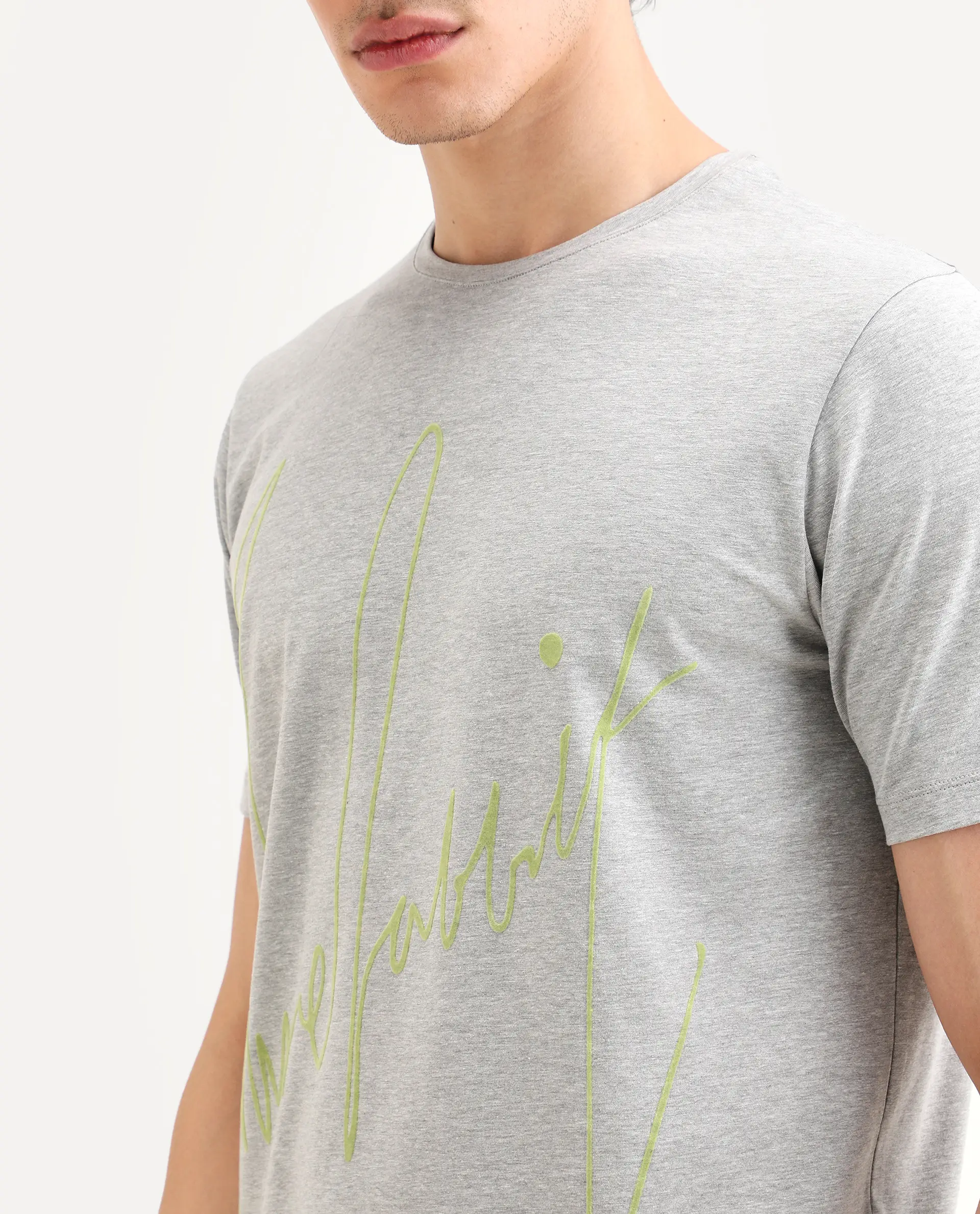 Rare Rabbit Men's Berg-S26 Melange Grey Cotton Blend Fabric Half Sleeve Crew Neck Regular Fit Printed T-Shirt - Image 7