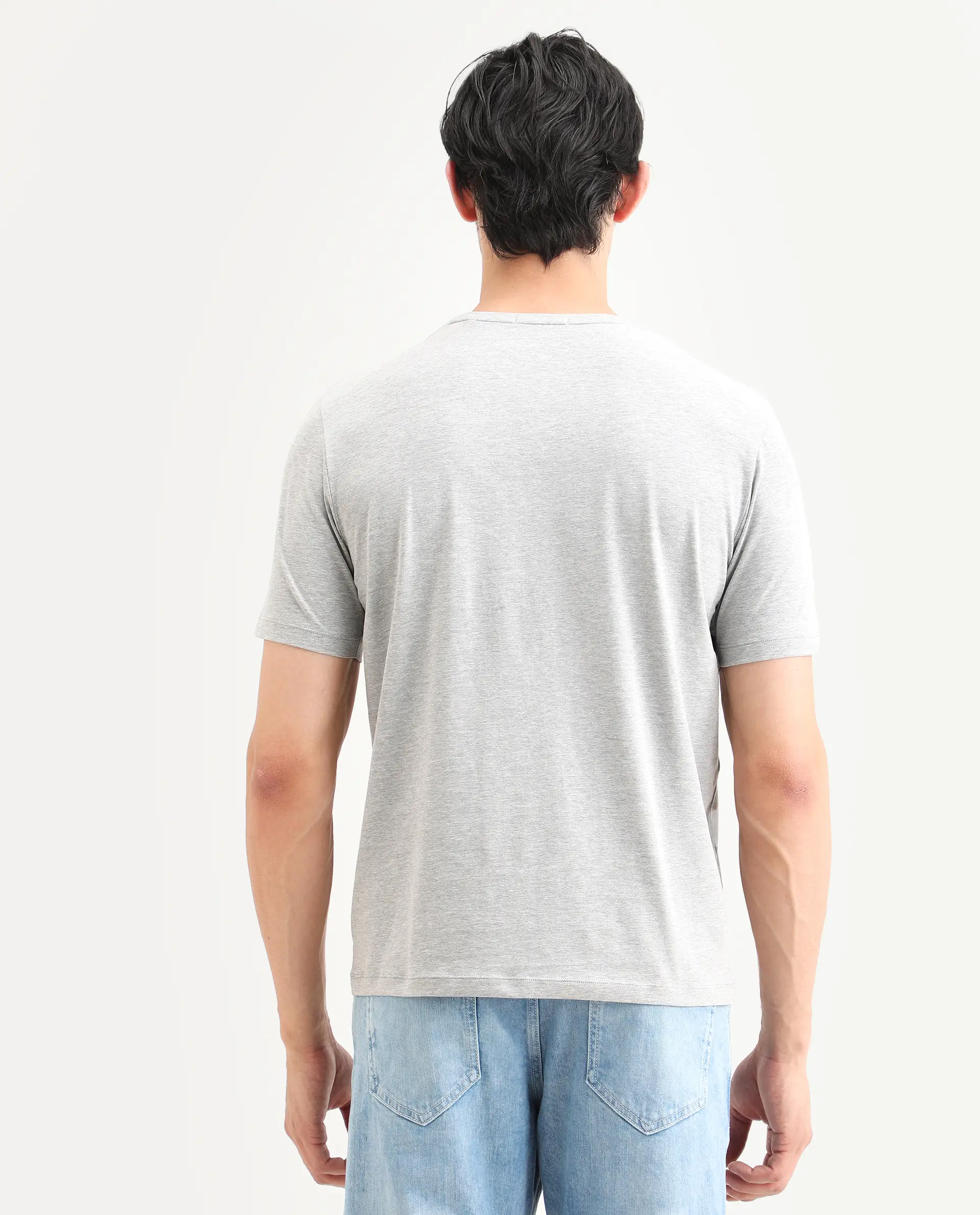 Rare Rabbit Men's Berg-S26 Melange Grey Cotton Blend Fabric Half Sleeve Crew Neck Regular Fit Printed T-Shirt - Image 8