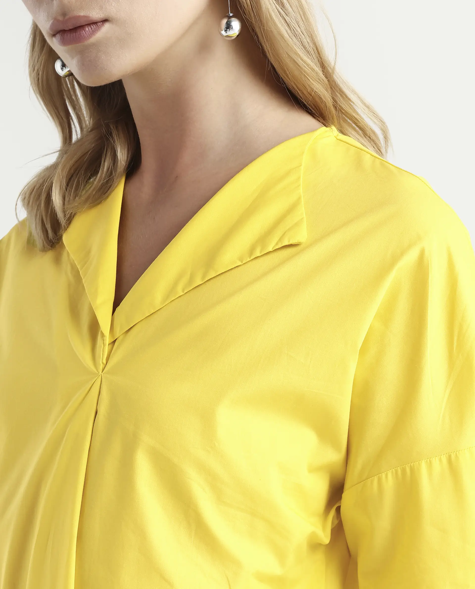 Rareism Women's Berge Yellow Polyester Lapel Neck Plain Regular Fit Top