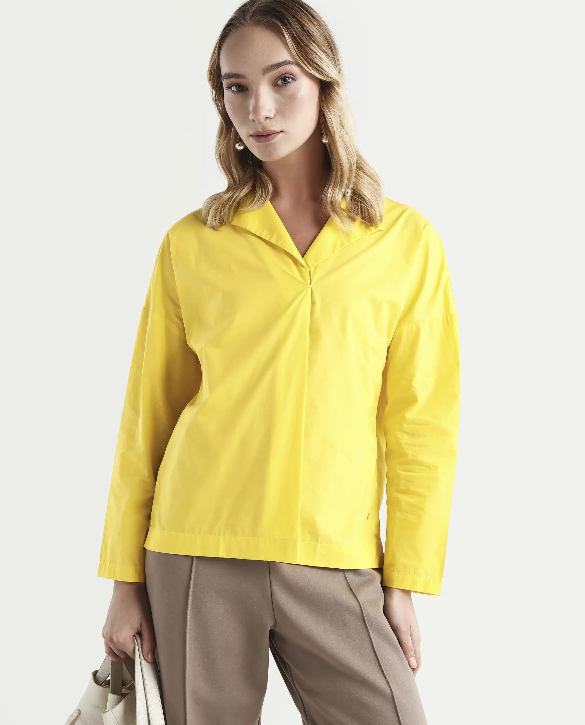 Rareism Women's Berge Yellow Polyester Lapel Neck Plain Regular Fit Top - Image 2