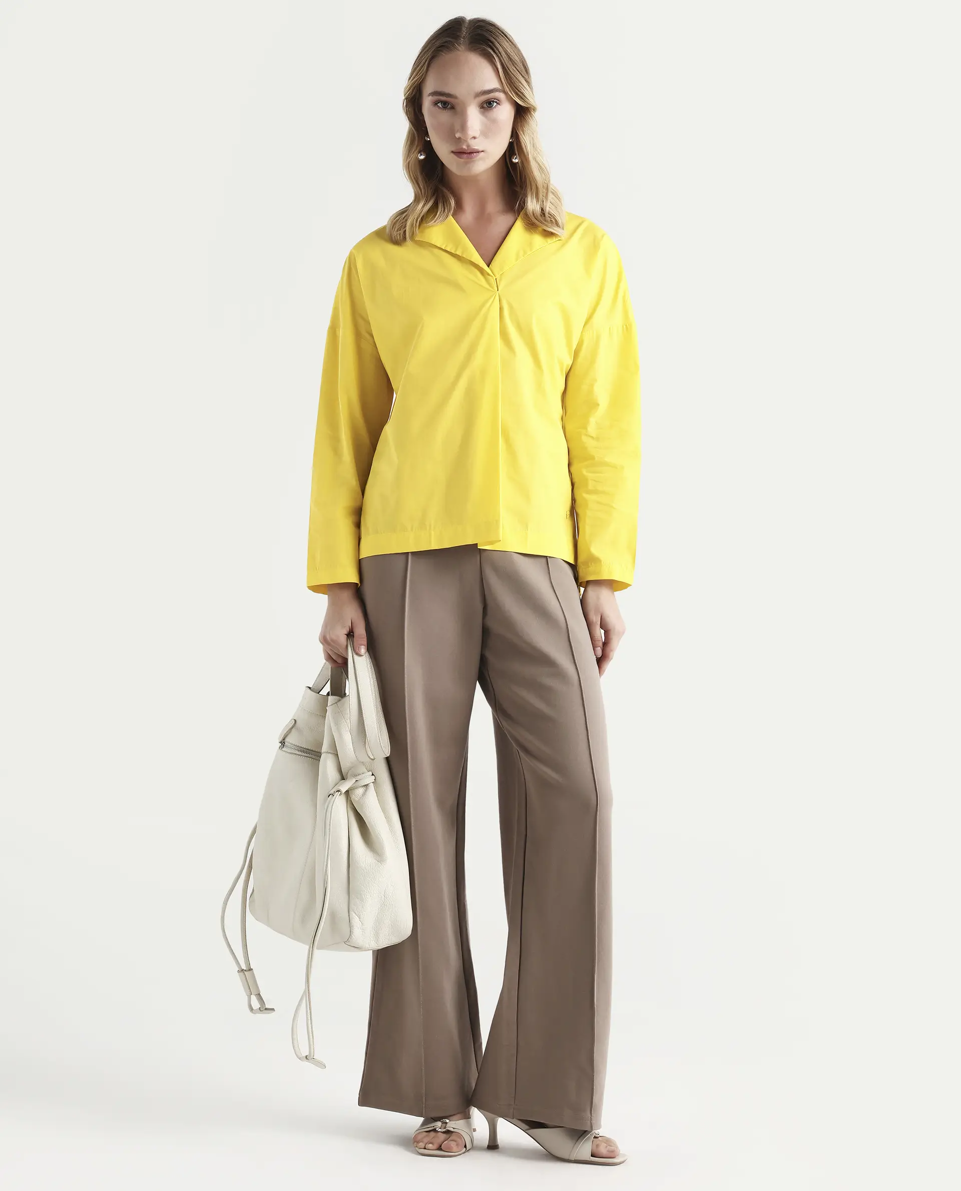 Rareism Women's Berge Yellow Polyester Lapel Neck Plain Regular Fit Top - Image 3