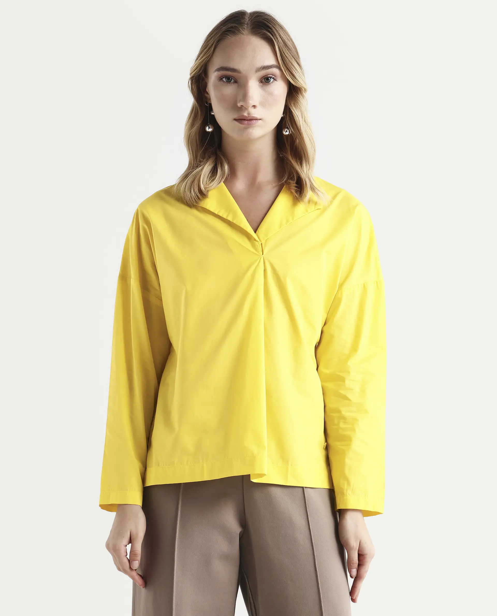 Rareism Women's Berge Yellow Polyester Lapel Neck Plain Regular Fit Top - Image 4