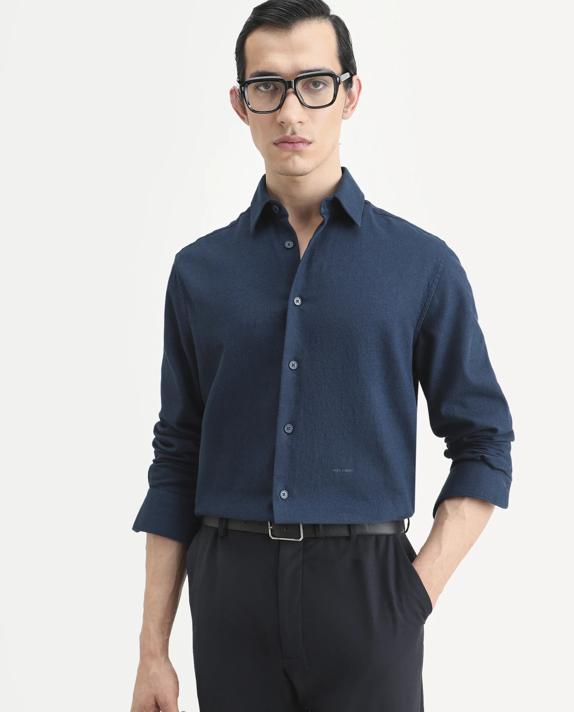 Rare Rabbit Men's Berk-Fs Navy Cotton Fabric Full Sleeve Regular Fit Plain Shirt
