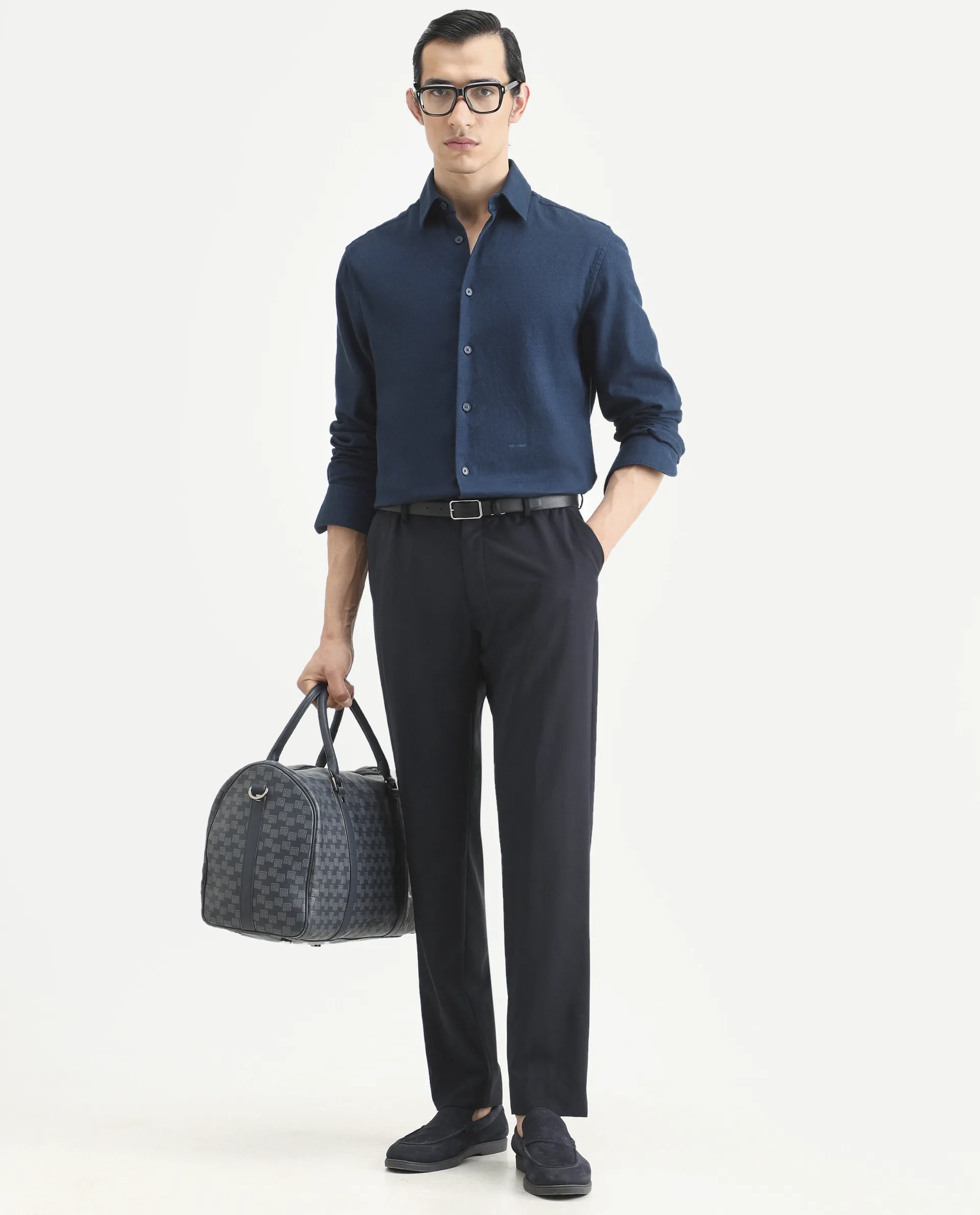 Rare Rabbit Men's Berk-Fs Navy Cotton Fabric Full Sleeve Regular Fit Plain Shirt - Image 2