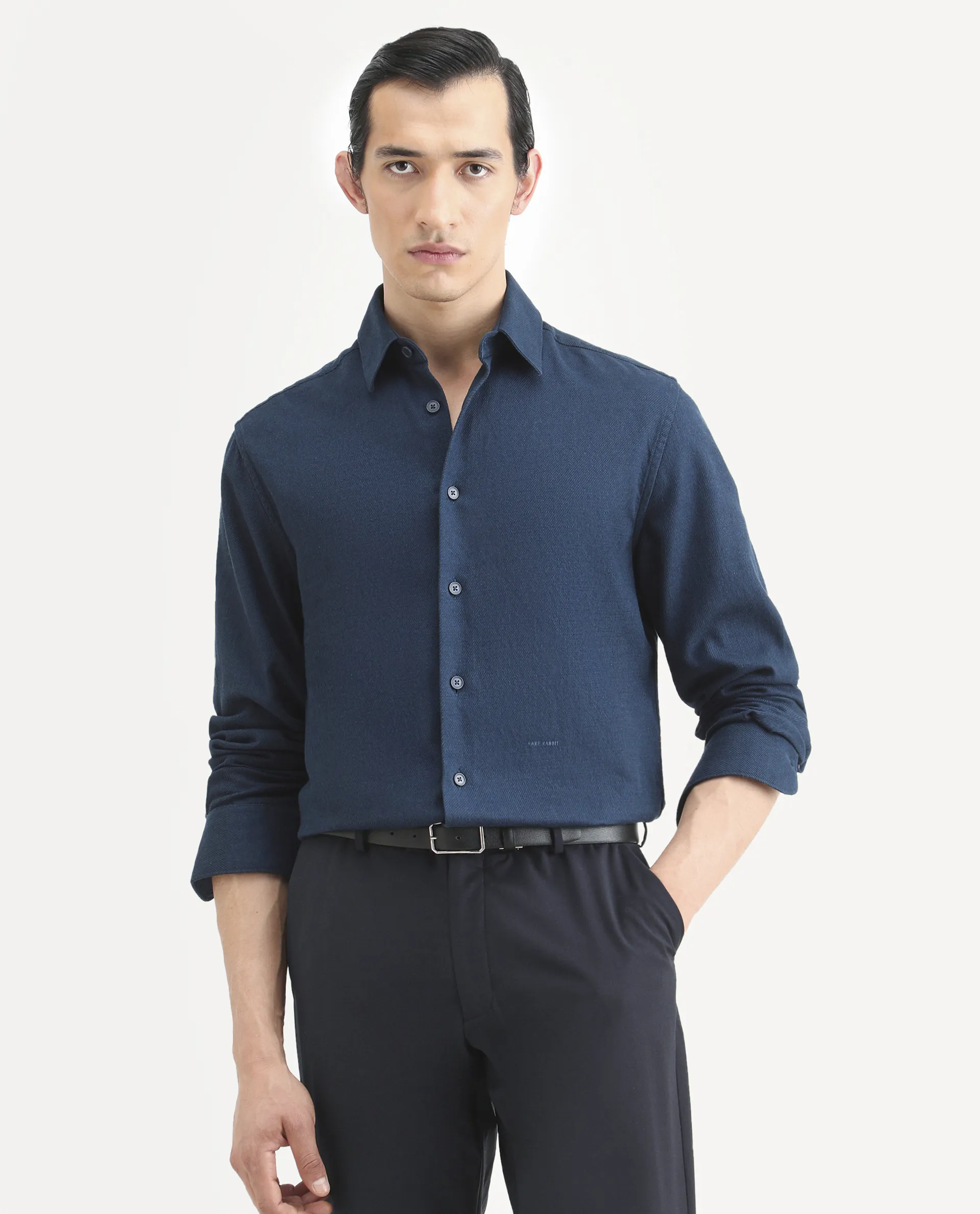 Rare Rabbit Men's Berk-Fs Navy Cotton Fabric Full Sleeve Regular Fit Plain Shirt - Image 3