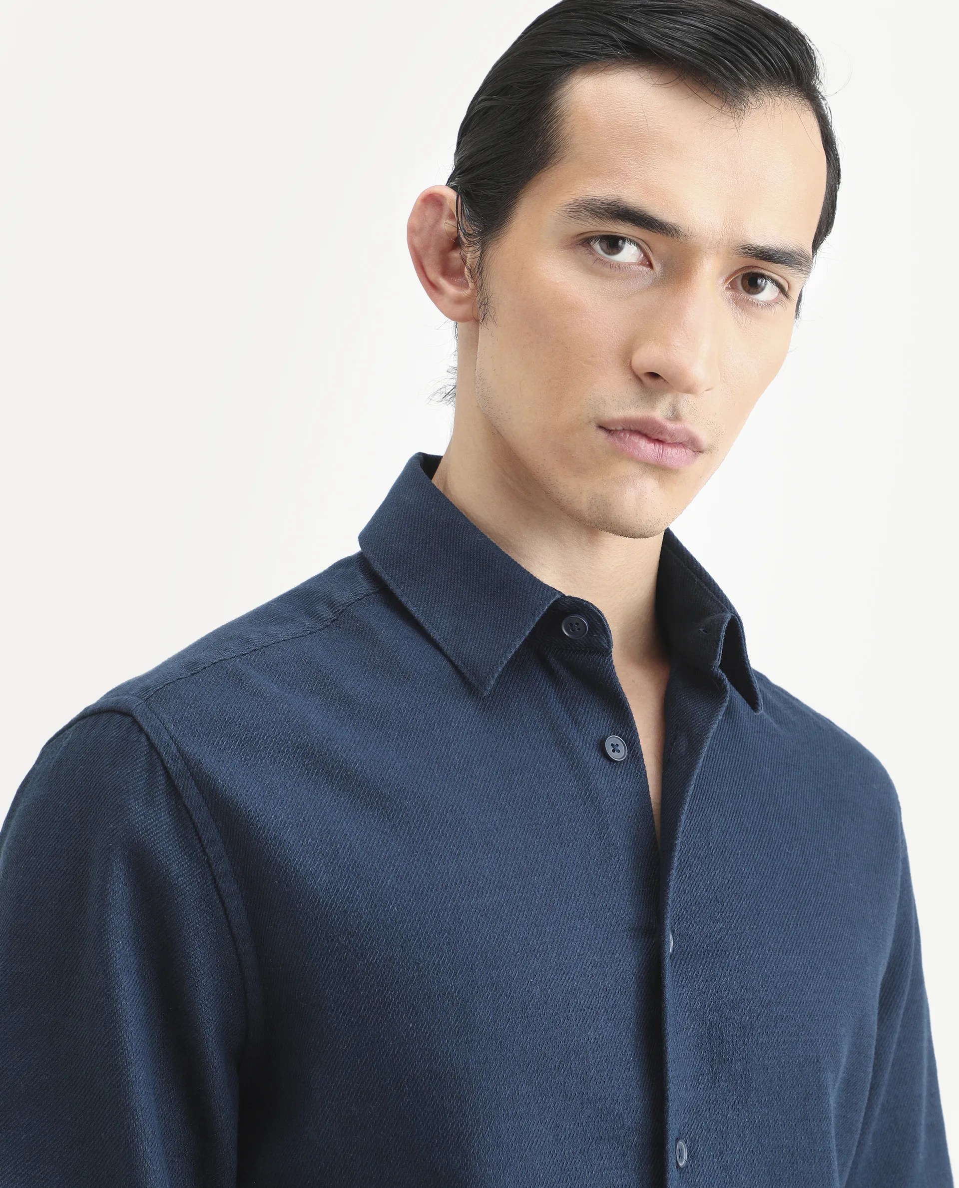 Rare Rabbit Men's Berk-Fs Navy Cotton Fabric Full Sleeve Regular Fit Plain Shirt - Image 4
