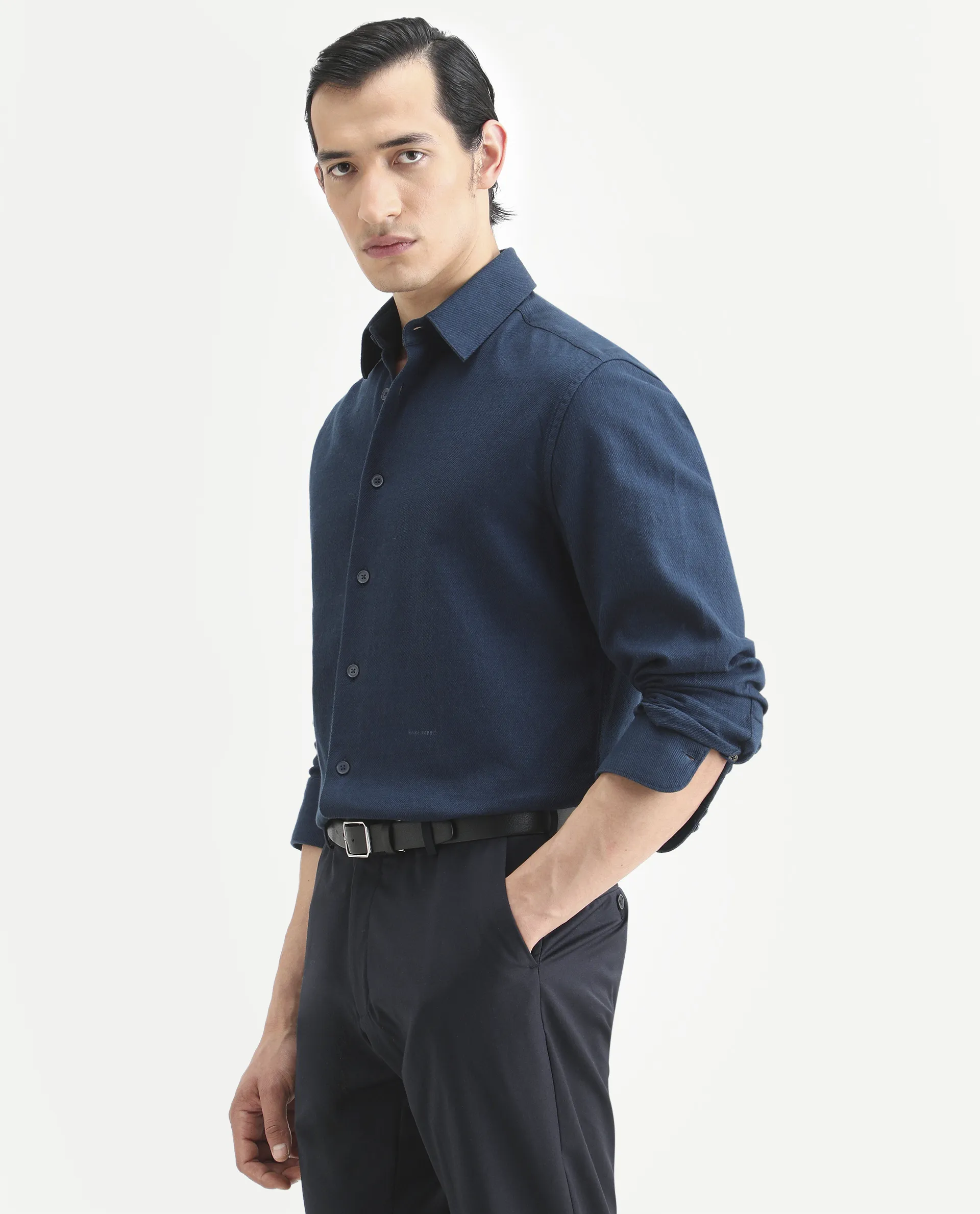 Rare Rabbit Men's Berk-Fs Navy Cotton Fabric Full Sleeve Regular Fit Plain Shirt - Image 6